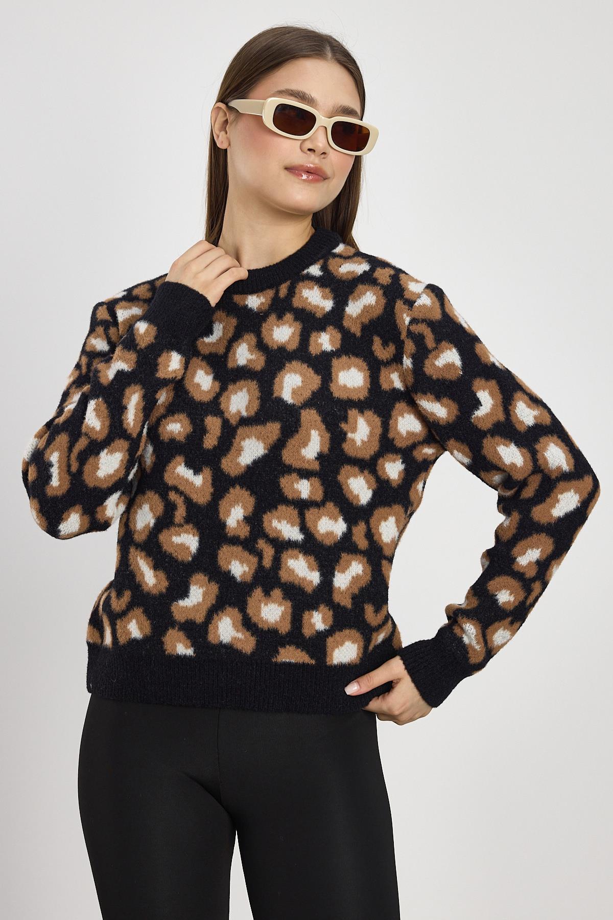 Leopar Detay Triko Kazak 24342 Siyah - 8