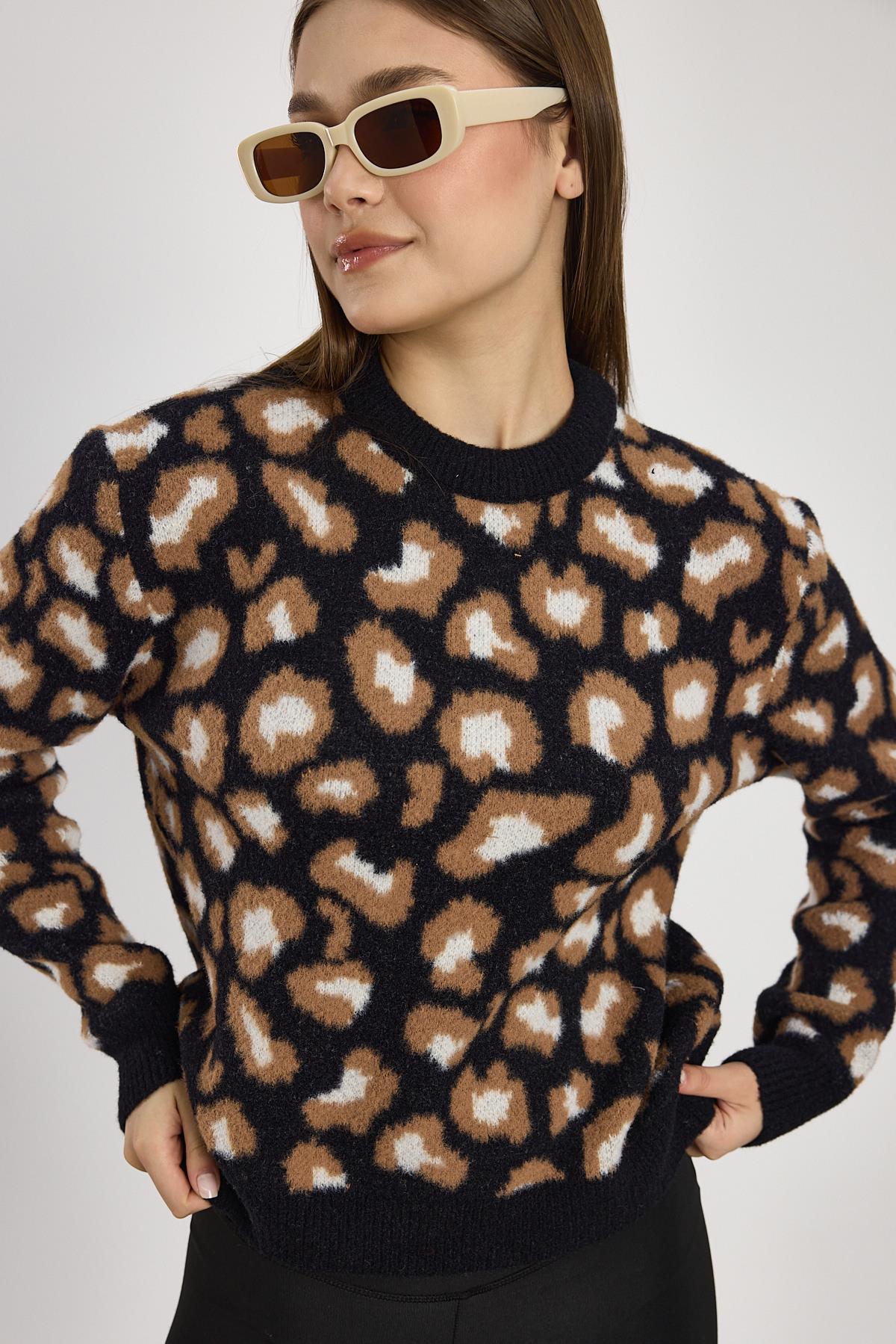 24342 Leopar Detay Triko Kazak Siyah - 6