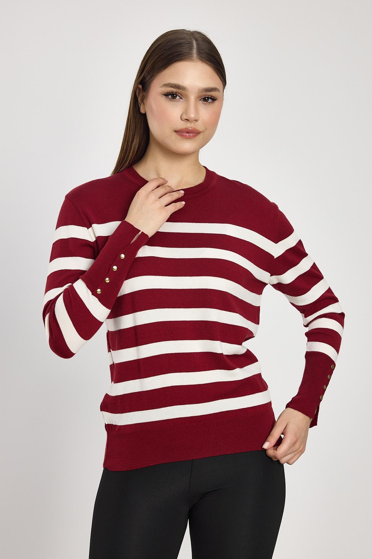 Çizgili Kol Düğme Detay Kazak 24346 Bordo - 1
