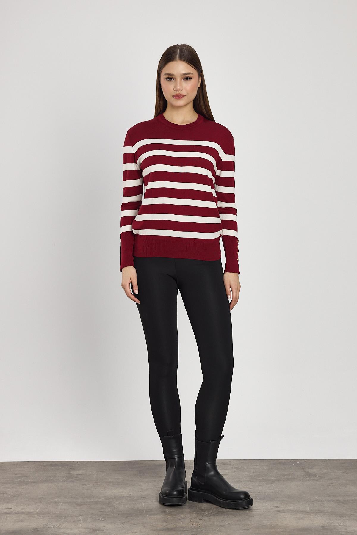 24346 Çizgili Kol Düğme Detay Kazak Bordo - RAYS