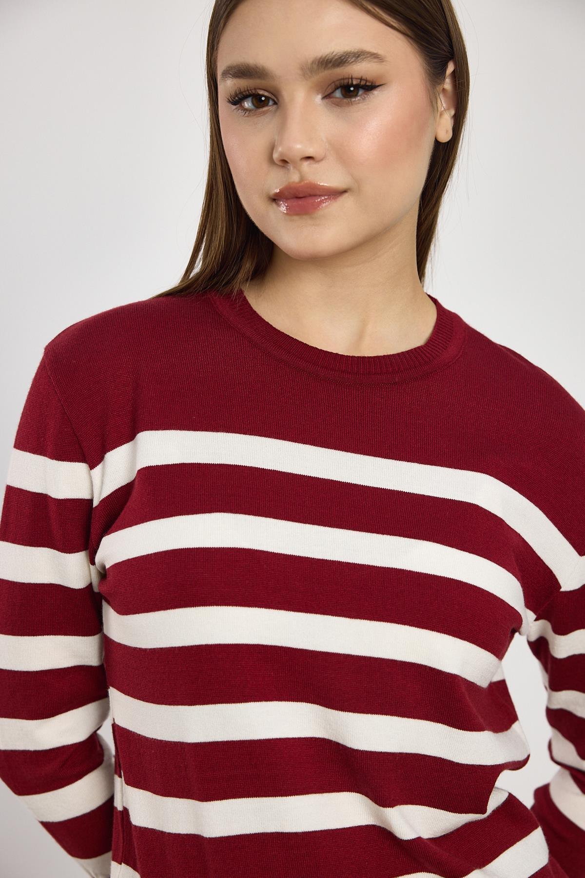 24346 Çizgili Kol Düğme Detay Kazak Bordo - RAYS