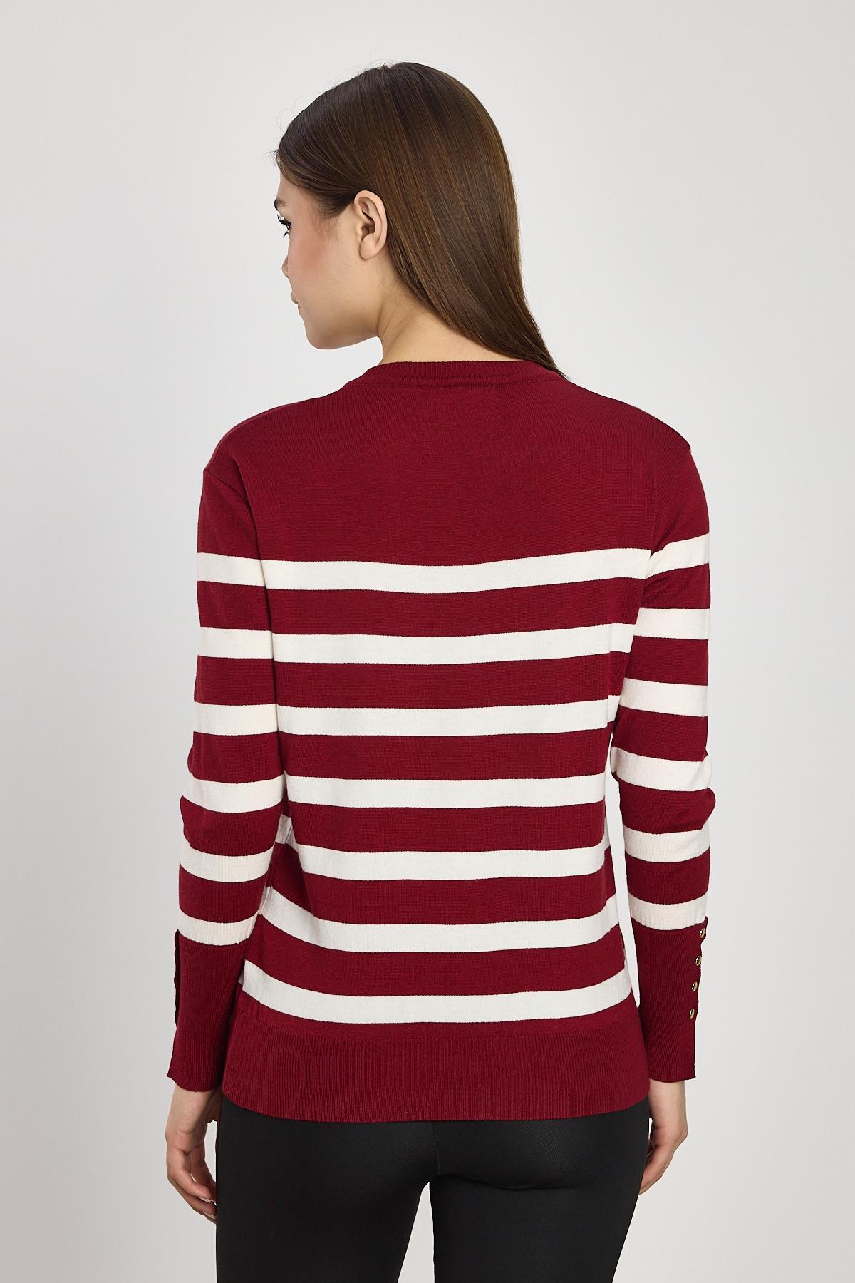 24346 Çizgili Kol Düğme Detay Kazak Bordo - 5