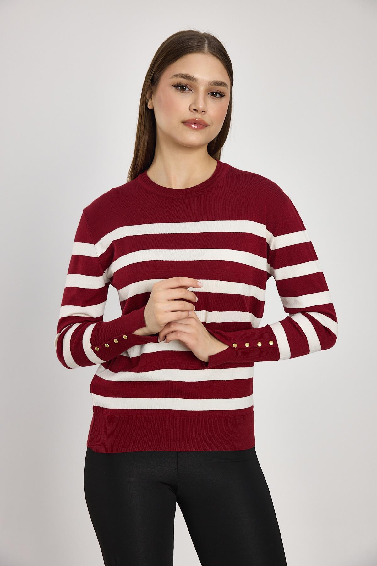 24346 Çizgili Kol Düğme Detay Kazak Bordo - 6