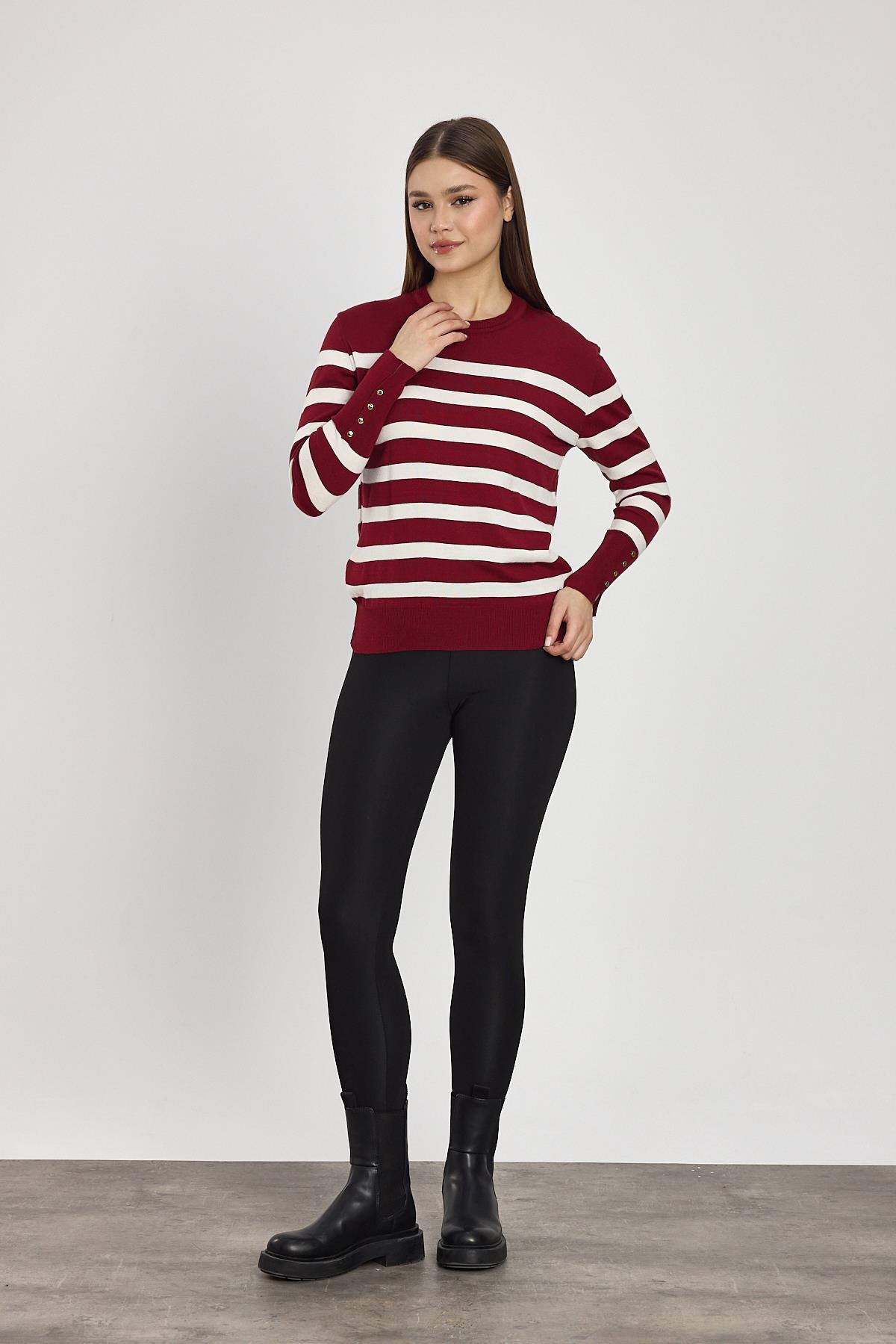 Bordo Çizgili Kol Düğme Detay Kazak 24346 - 7