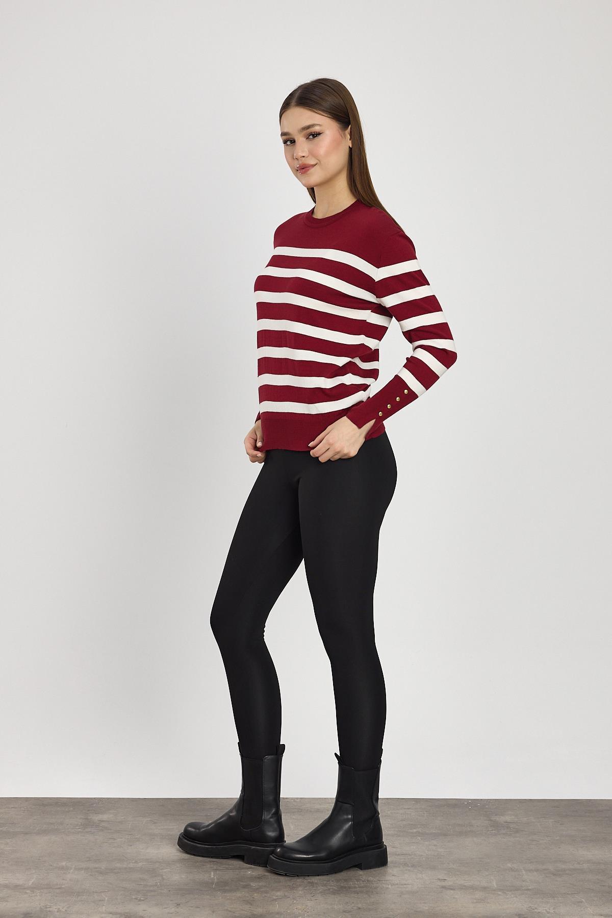 Bordo Çizgili Kol Düğme Detay Kazak 24346 - 8