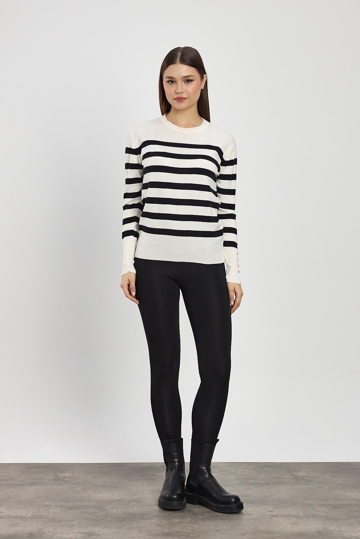 24346 Çizgili Kol Düğme Detay Kazak Ekru - RAYS