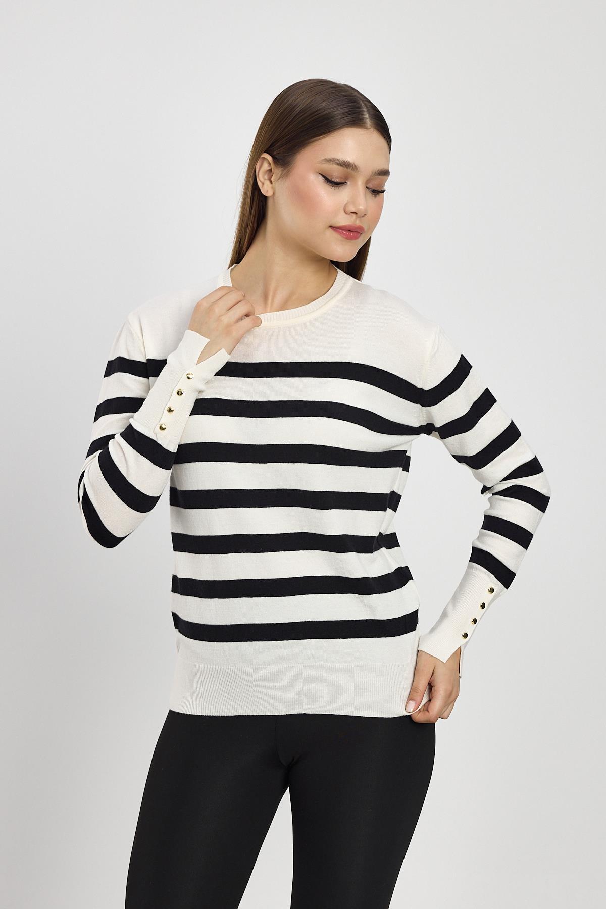 24346 Çizgili Kol Düğme Detay Kazak Ekru - RAYS