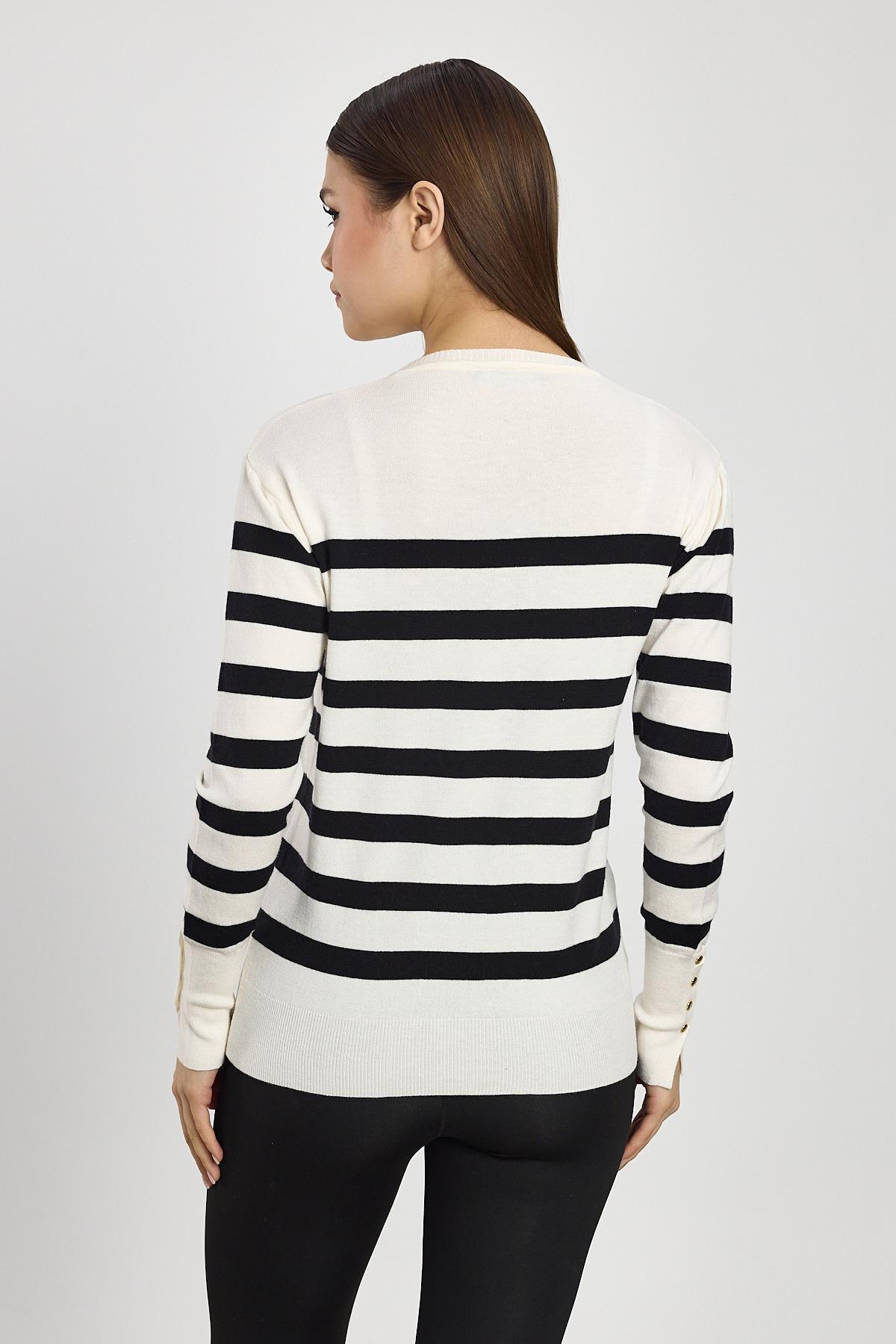 24346 Çizgili Kol Düğme Detay Kazak Ekru - 5