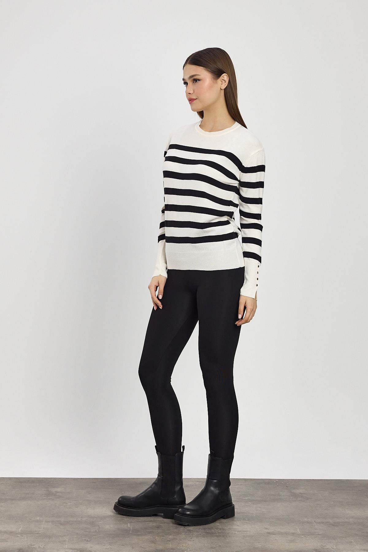 Ekru Çizgili Kol Düğme Detay Kazak 24346 - 7