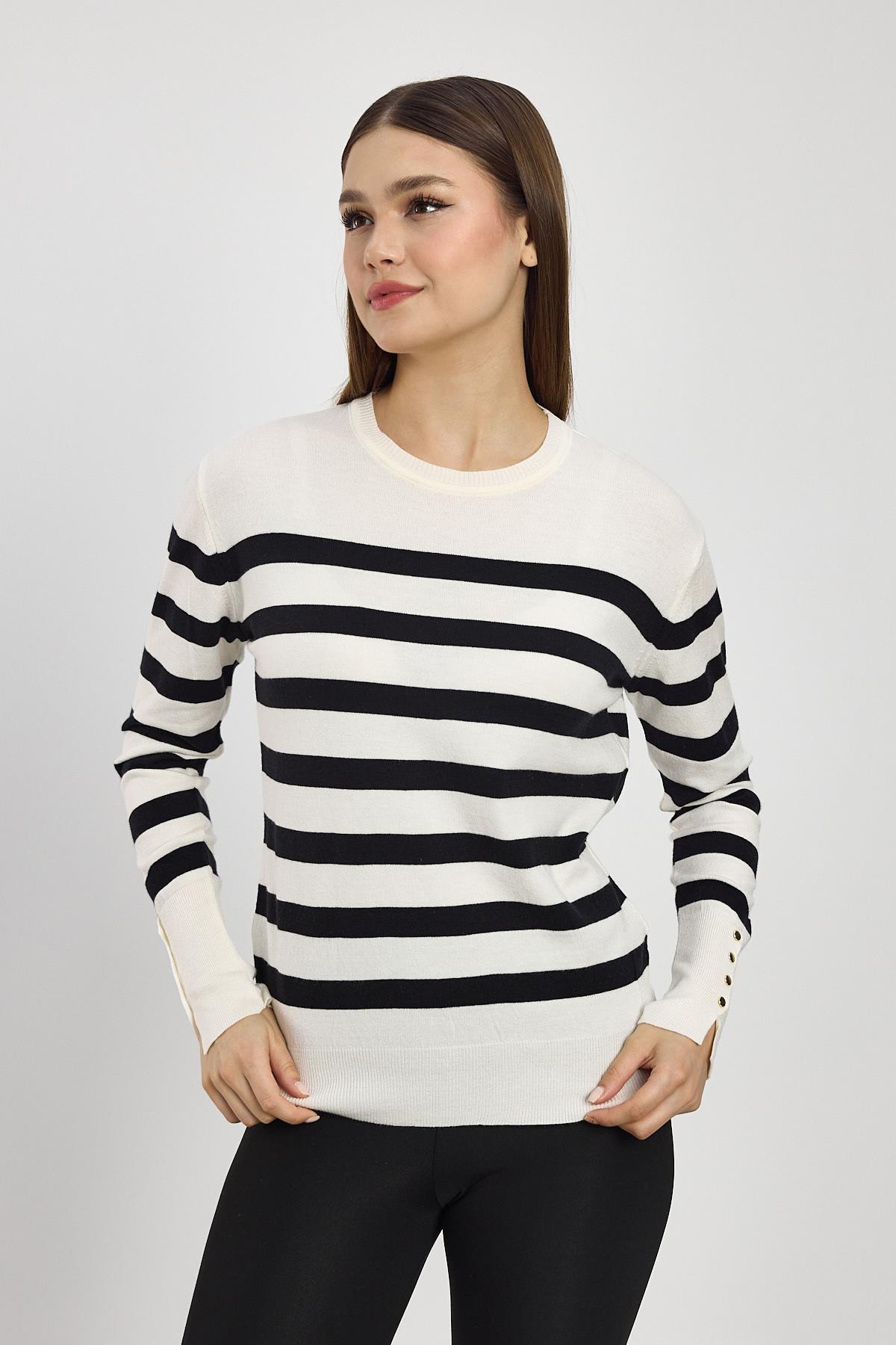 Ekru Çizgili Kol Düğme Detay Kazak 24346 - 8