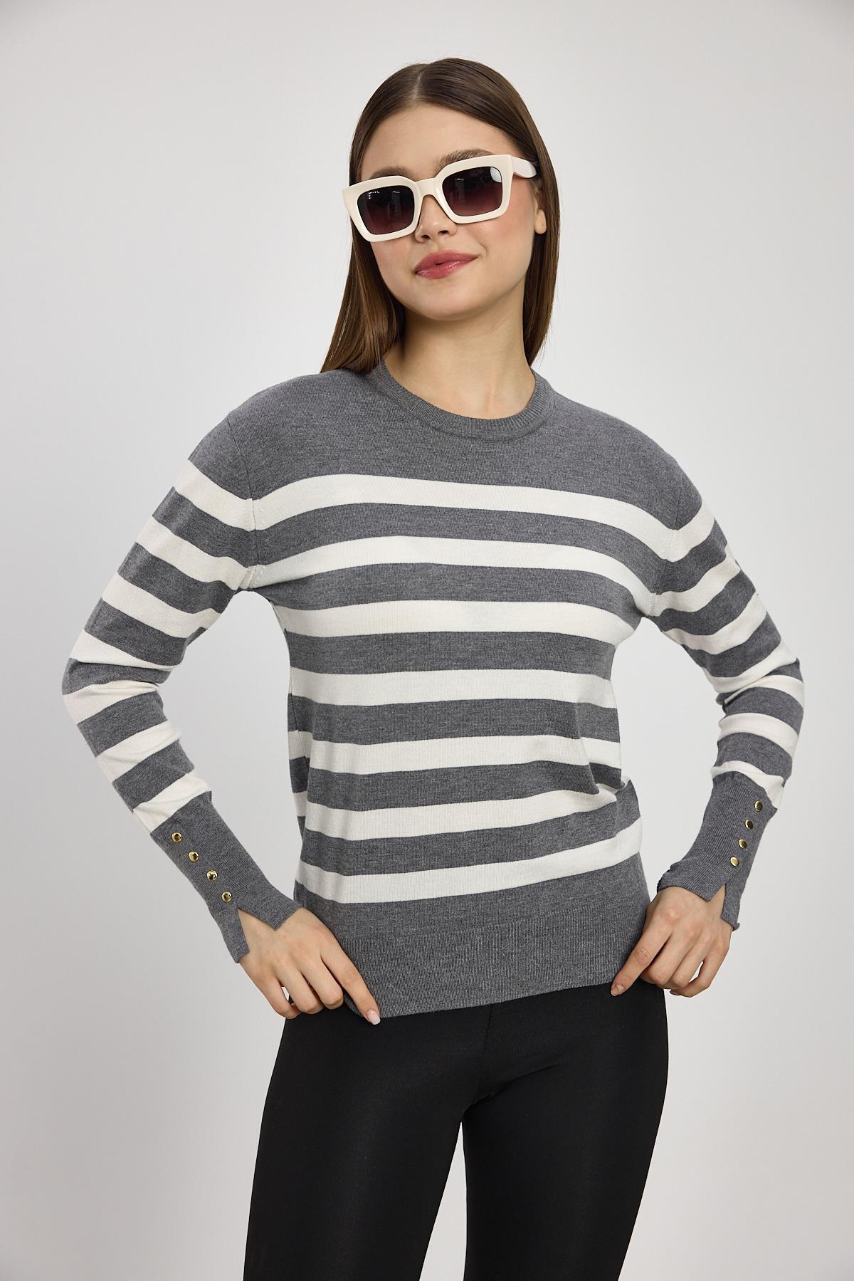 24346 Çizgili Kol Düğme Detay Kazak Füme - 8