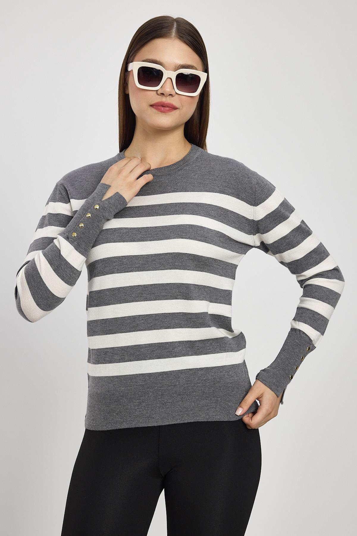 Füme Çizgili Kol Düğme Detay Kazak 24346 - 1