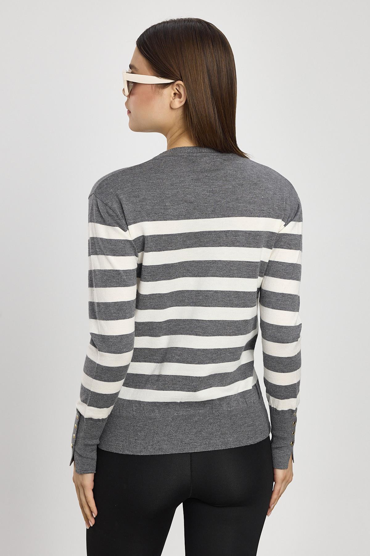 Füme Çizgili Kol Düğme Detay Kazak 24346 - 5