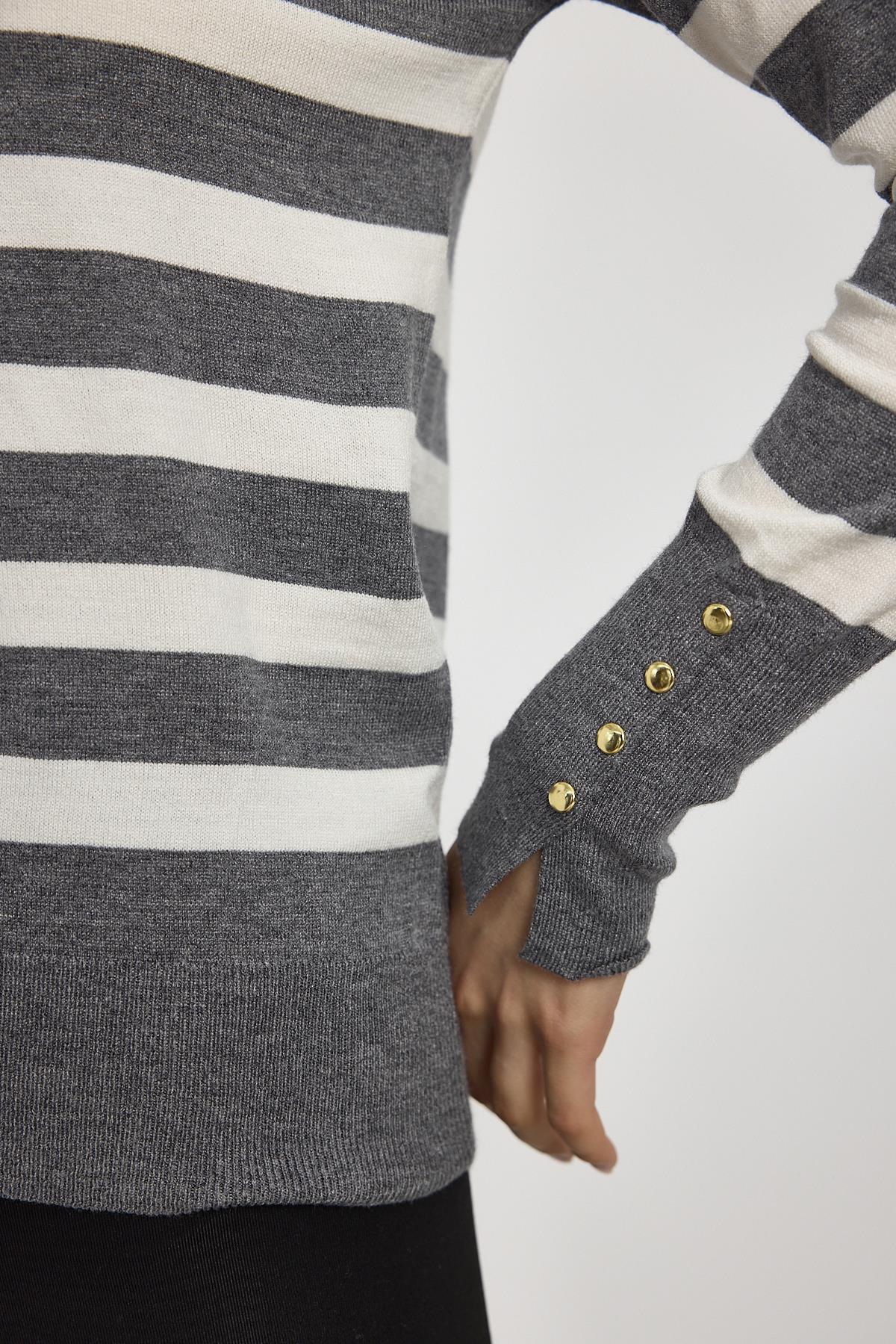Füme Çizgili Kol Düğme Detay Kazak 24346 - 6