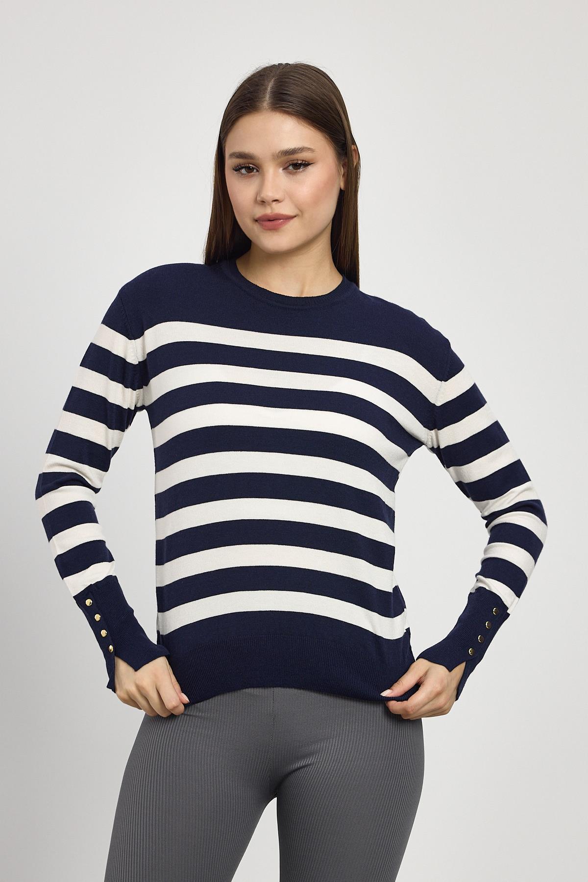 24346 Çizgili Kol Düğme Detay Kazak Laci - 6