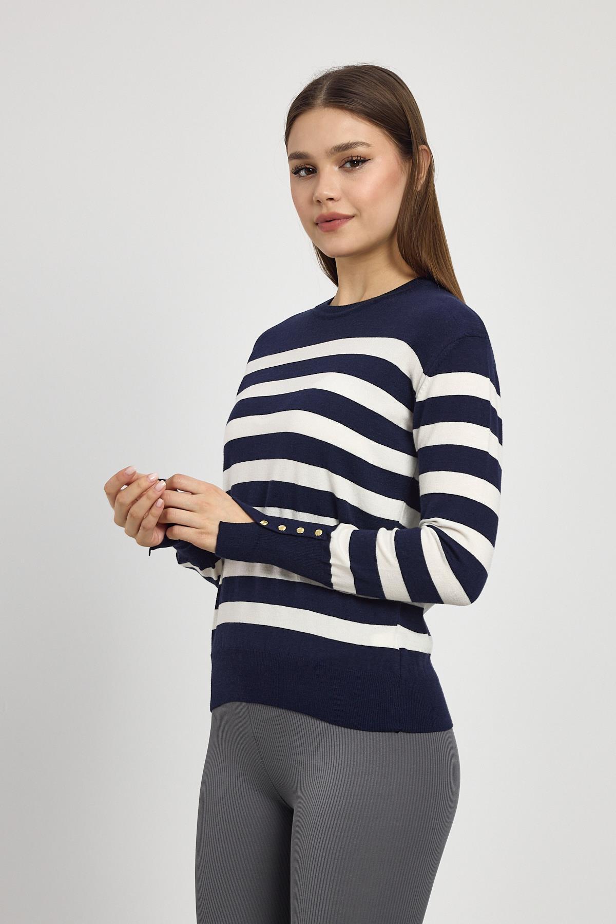 24346 Çizgili Kol Düğme Detay Kazak Laci - 8