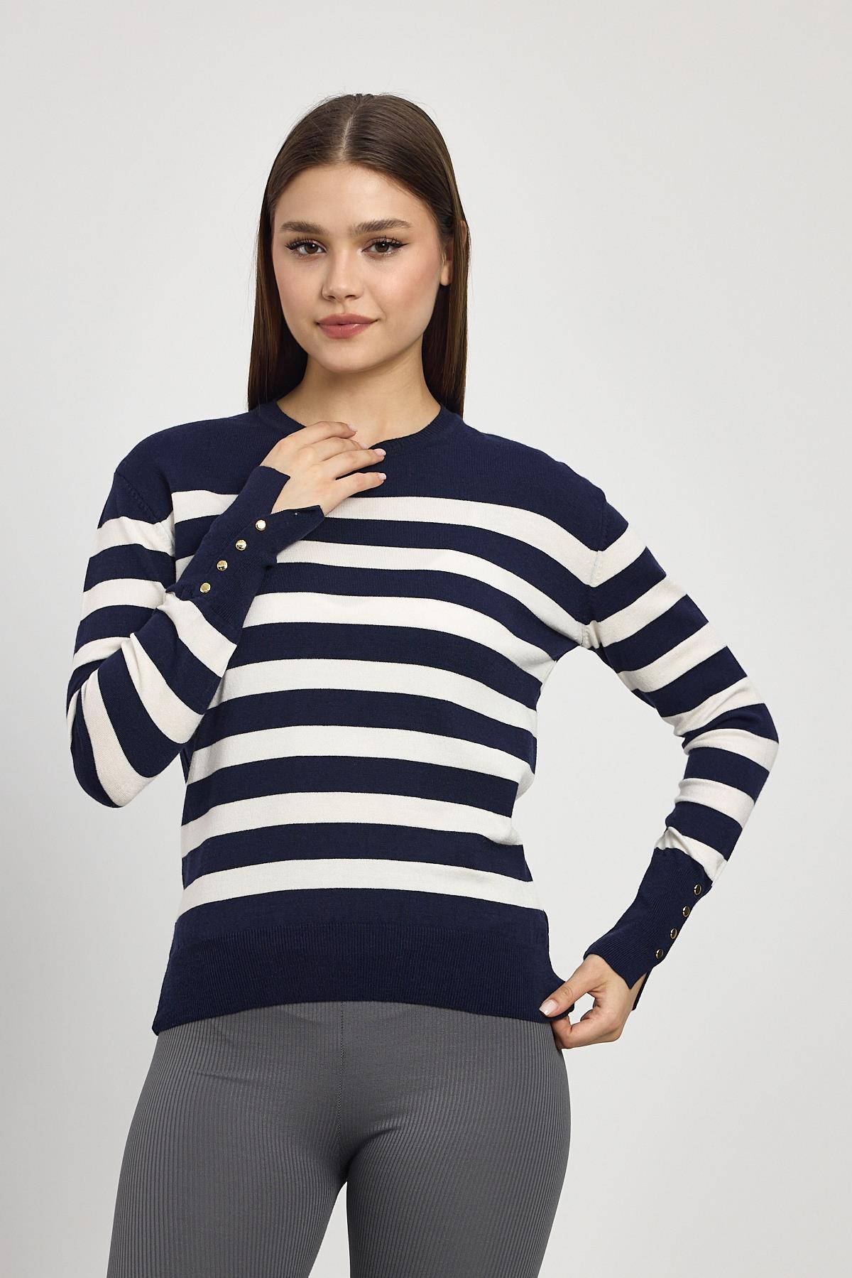Laci Çizgili Kol Düğme Detay Kazak 24346 - 1