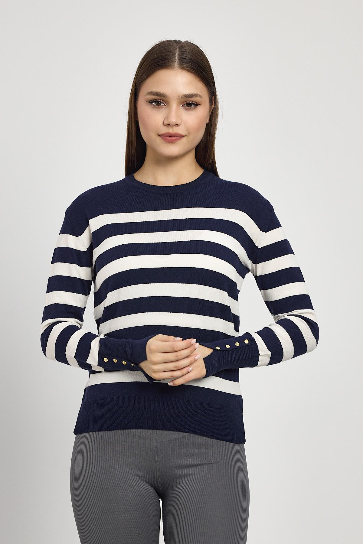 Laci Çizgili Kol Düğme Detay Kazak 24346 - 7