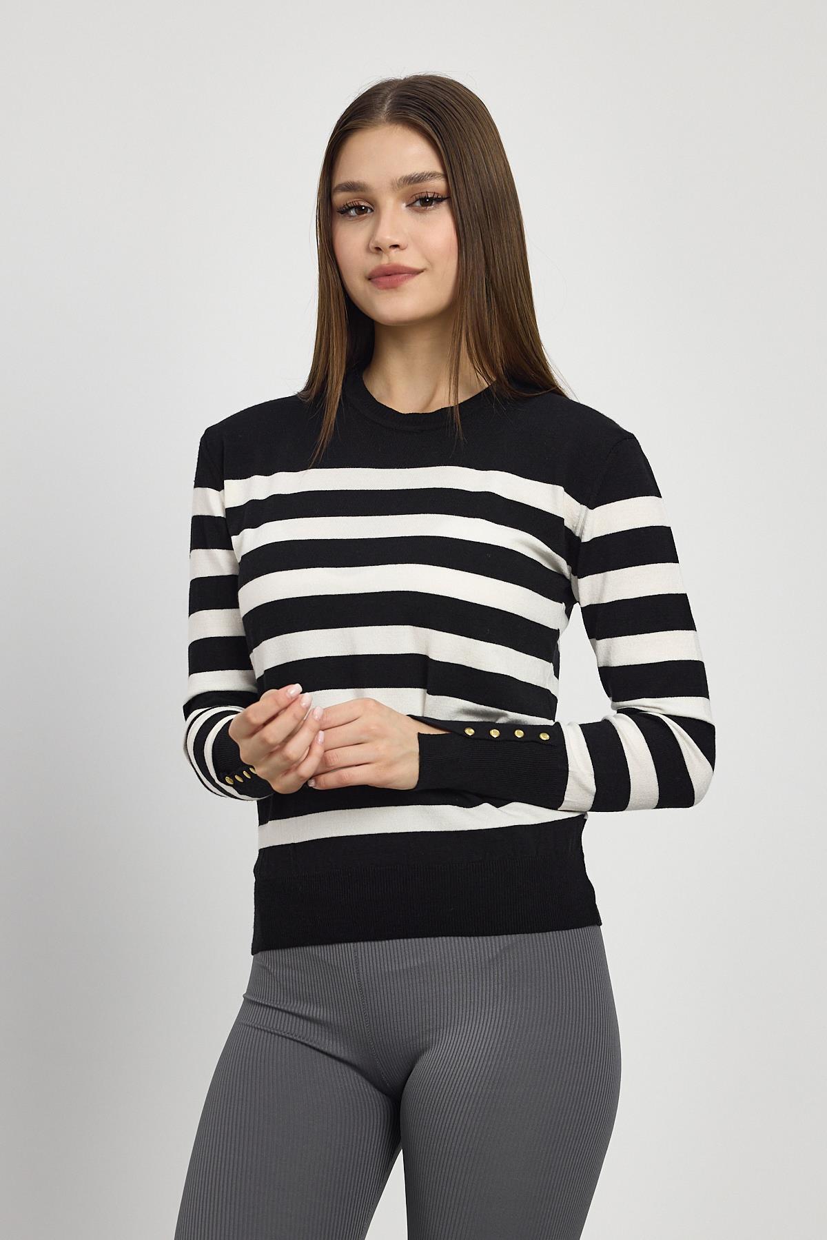 24346 Çizgili Kol Düğme Detay Kazak Siyah - 8