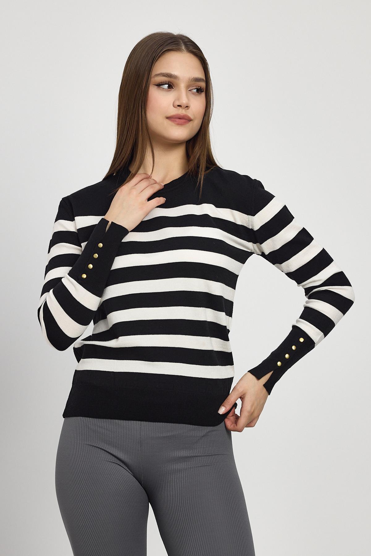 24346 Çizgili Kol Düğme Detay Kazak Siyah - 7