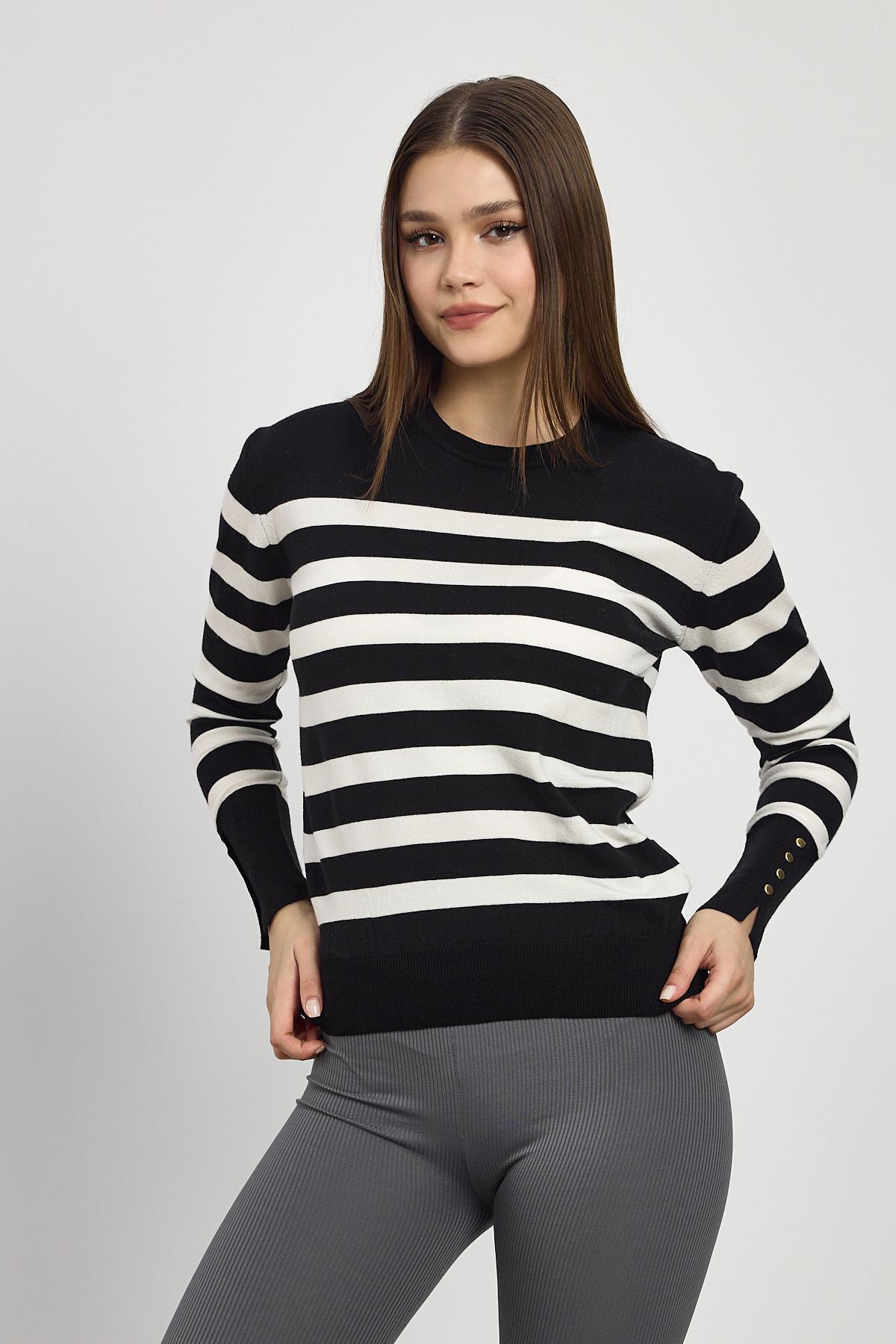 Siyah Çizgili Kol Düğme Detay Kazak 24346 - 1