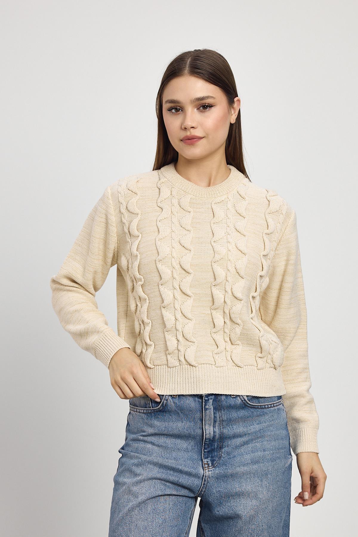 Simli Fırfır Detay Kazak 24364 Bej - 6