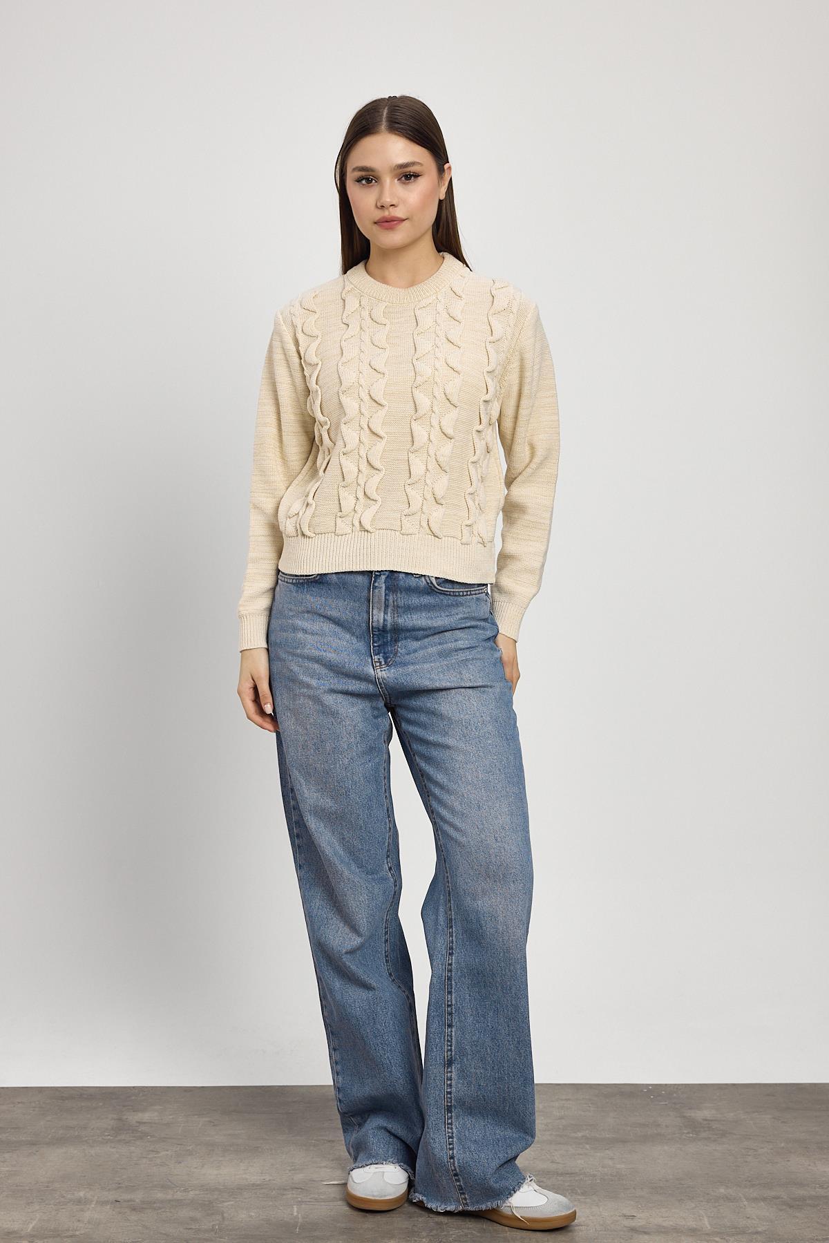 24364 Simli Fırfır Detay Kazak Bej - RAYS