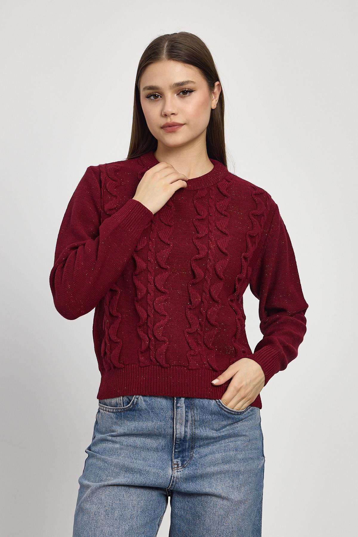 Simli Fırfır Detay Kazak 24364 Bordo - 2