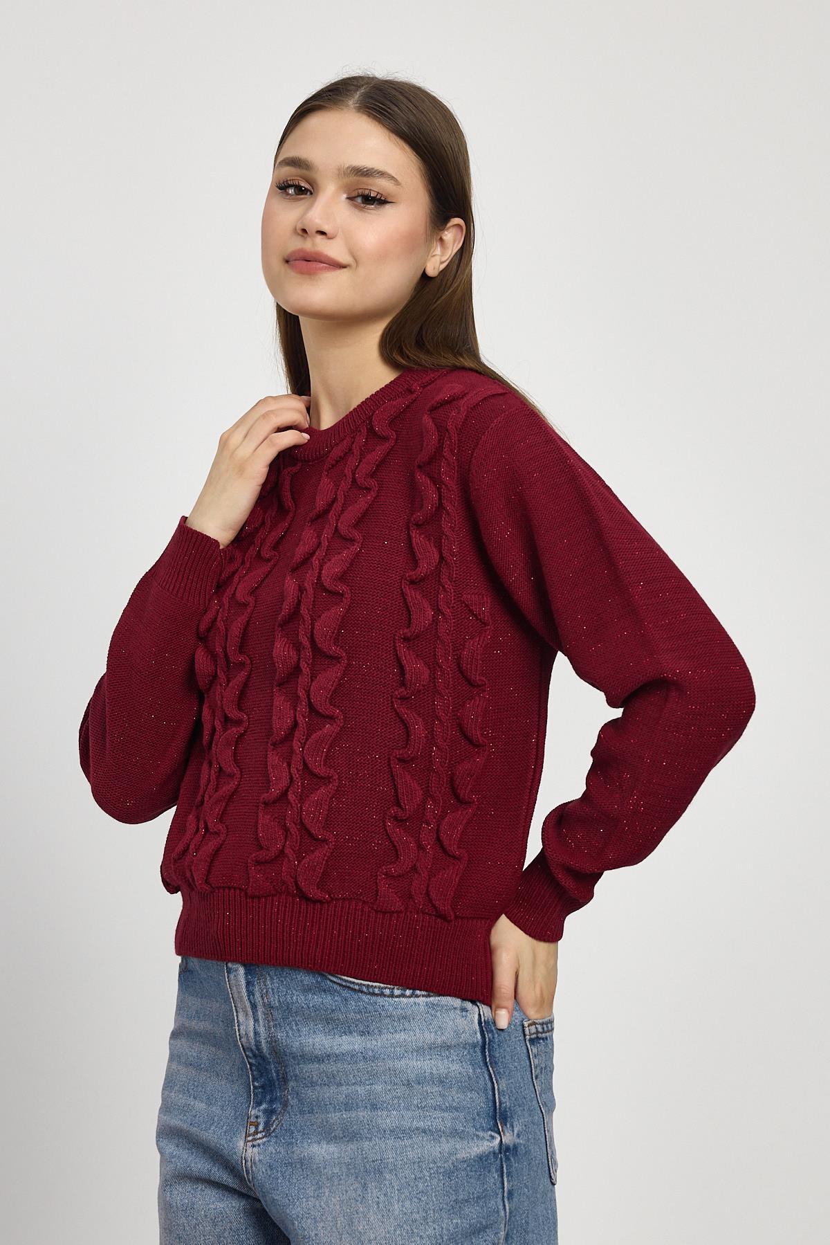 24364 Simli Fırfır Detay Kazak Bordo - RAYS