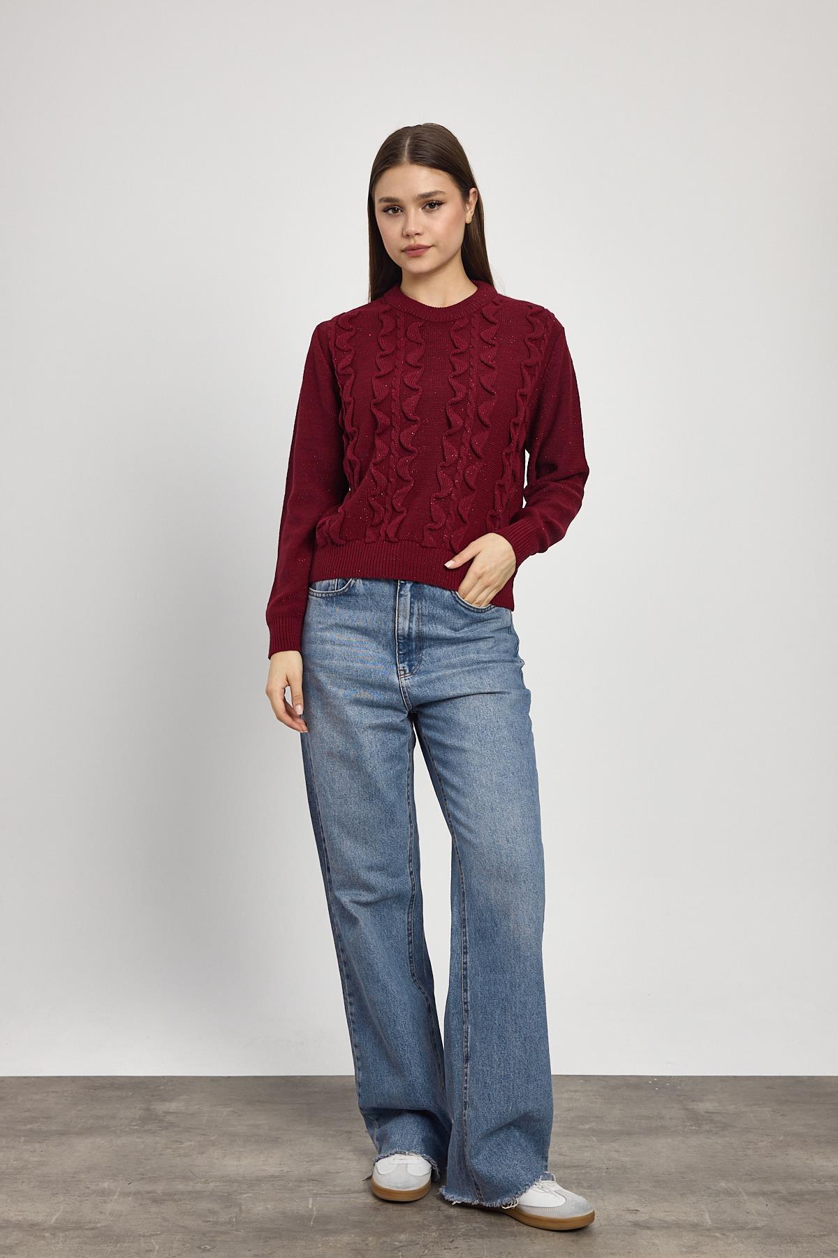 Bordo Simli Fırfır Detay Kazak 24364 