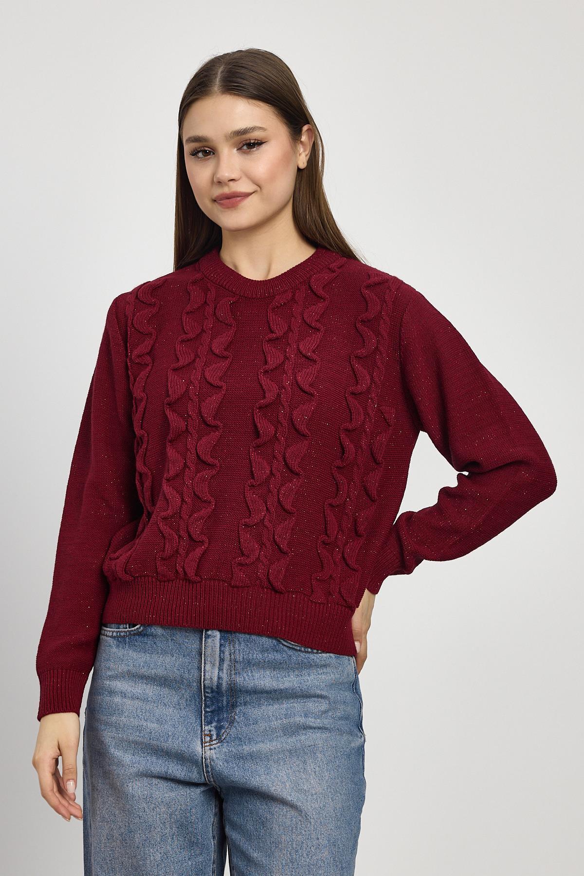 Bordo Simli Fırfır Detay Kazak 24364 - 6