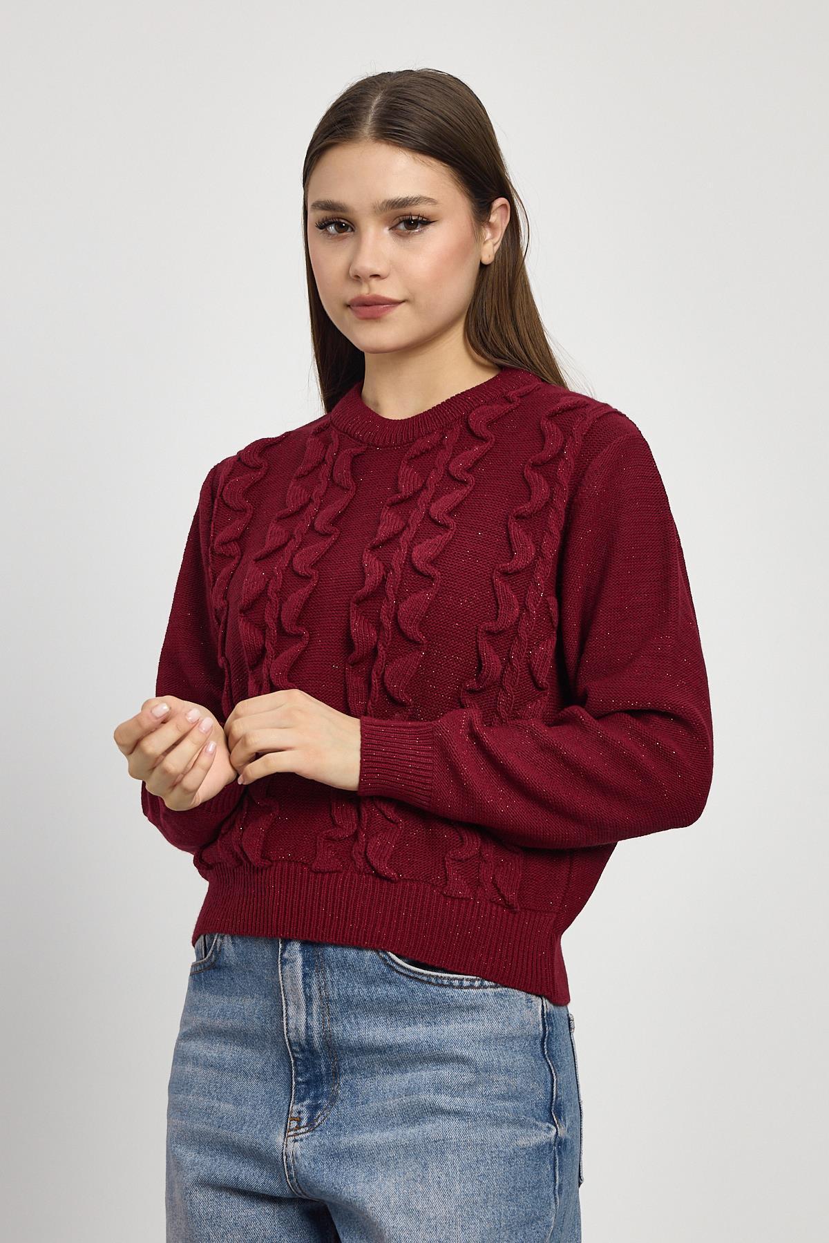 Bordo Simli Fırfır Detay Kazak 24364 - 7