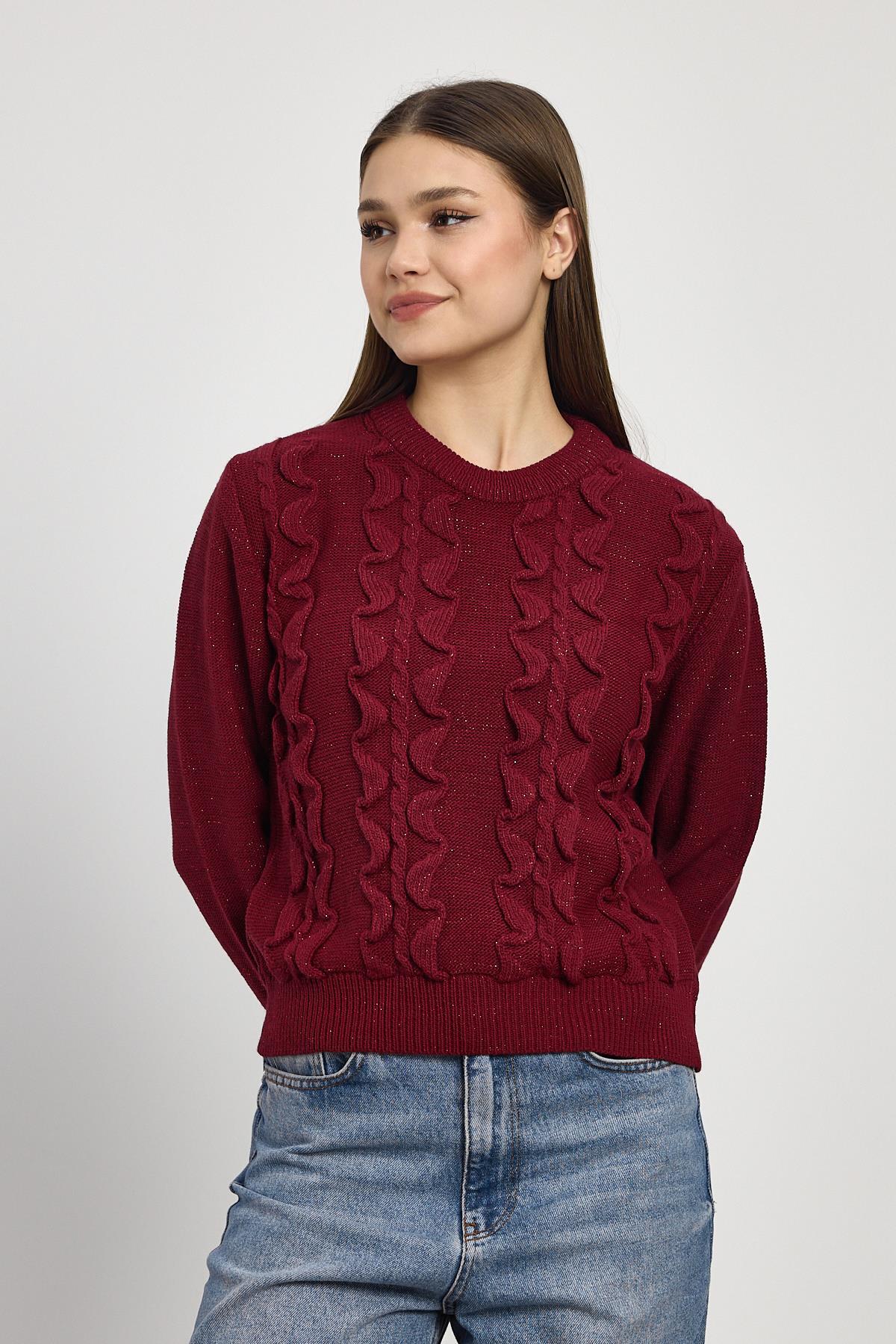 Bordo Simli Fırfır Detay Kazak 24364 - 8