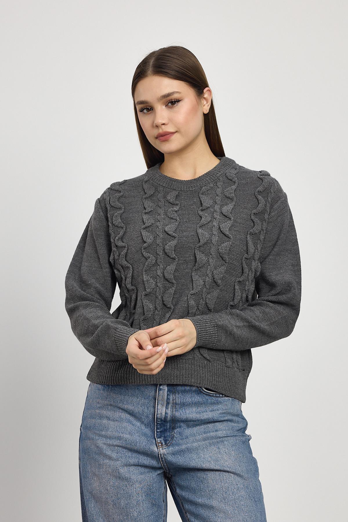 Simli Fırfır Detay Kazak 24364 Füme - 6