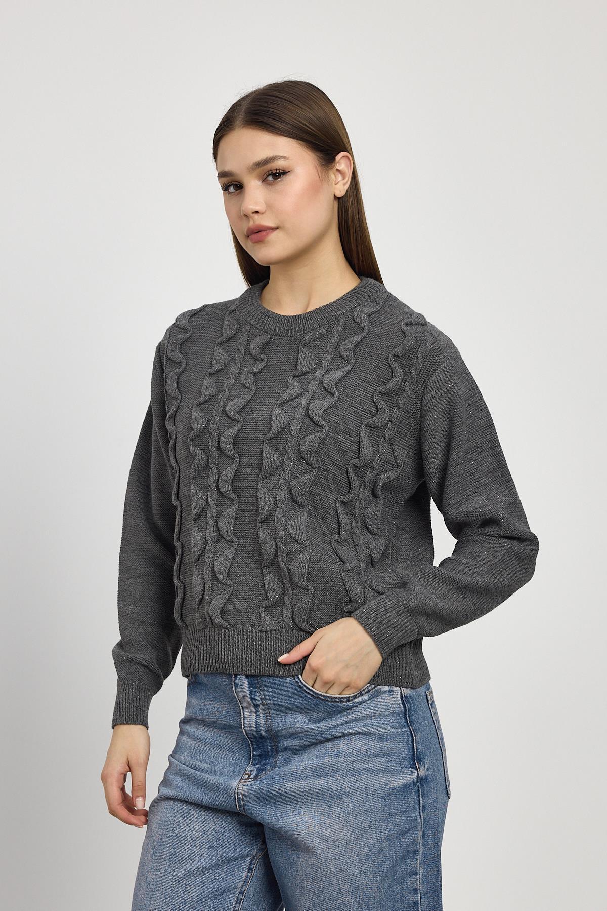 Simli Fırfır Detay Kazak 24364 Füme - 7