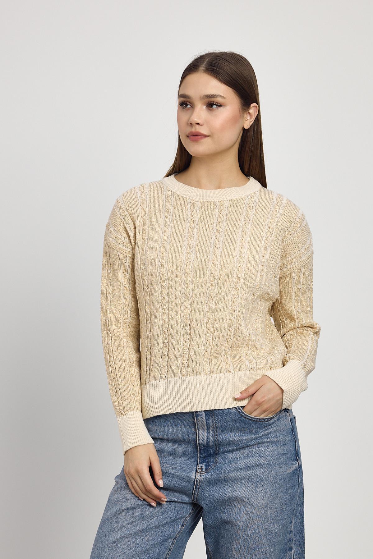 24366 Örgü Detay Simli Triko Kazak Bej 
