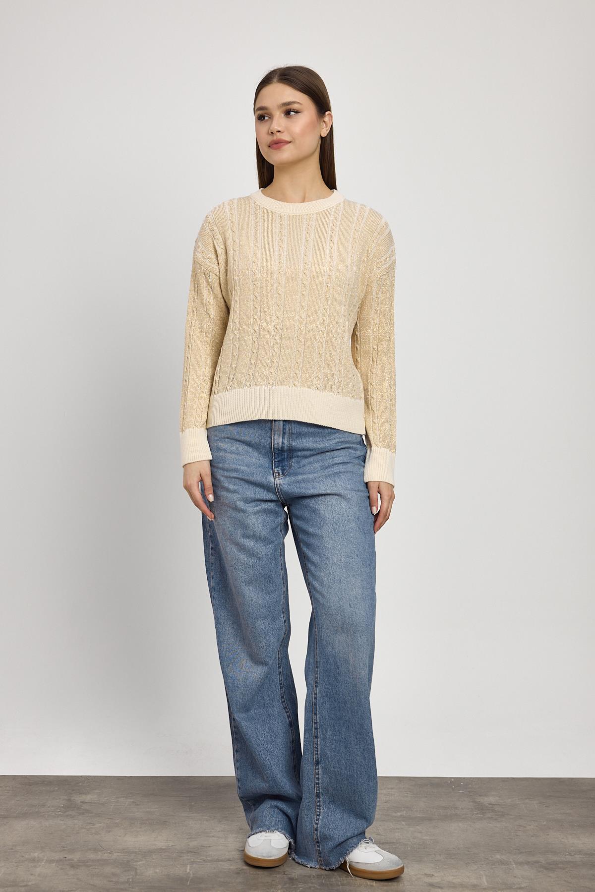 24366 Örgü Detay Simli Triko Kazak Bej - 2