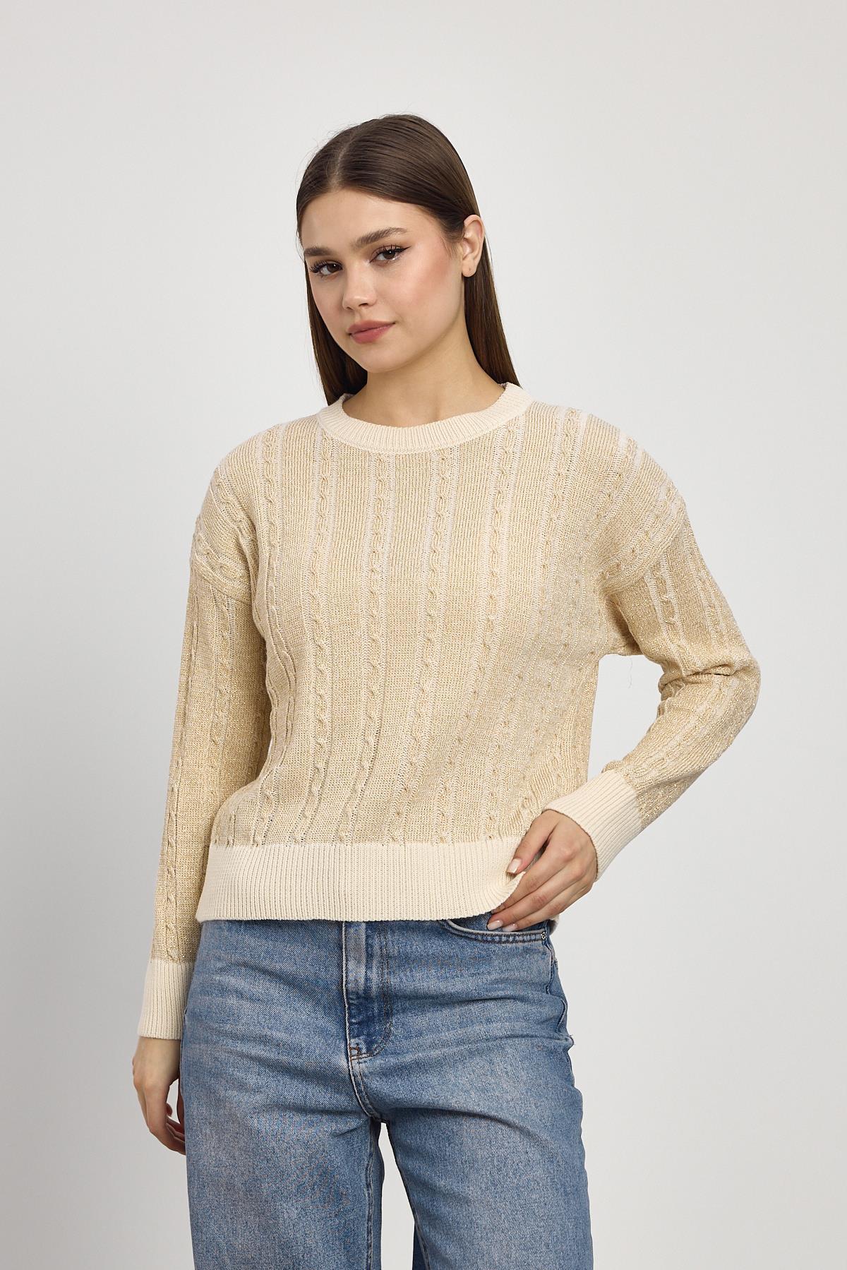 24366 Örgü Detay Simli Triko Kazak Bej - 3