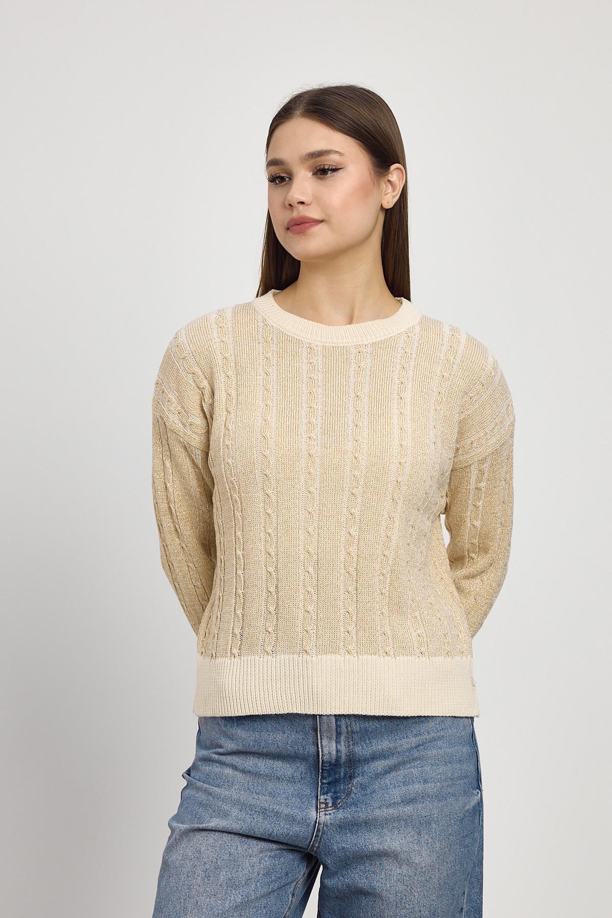 24366 Örgü Detay Simli Triko Kazak Bej - 6