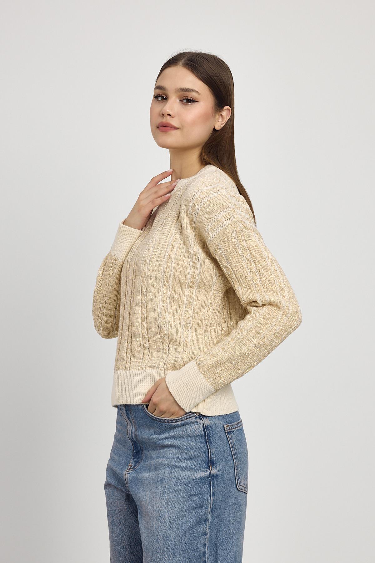 Bej Örgü Detay Simli Triko Kazak 24366 - 7
