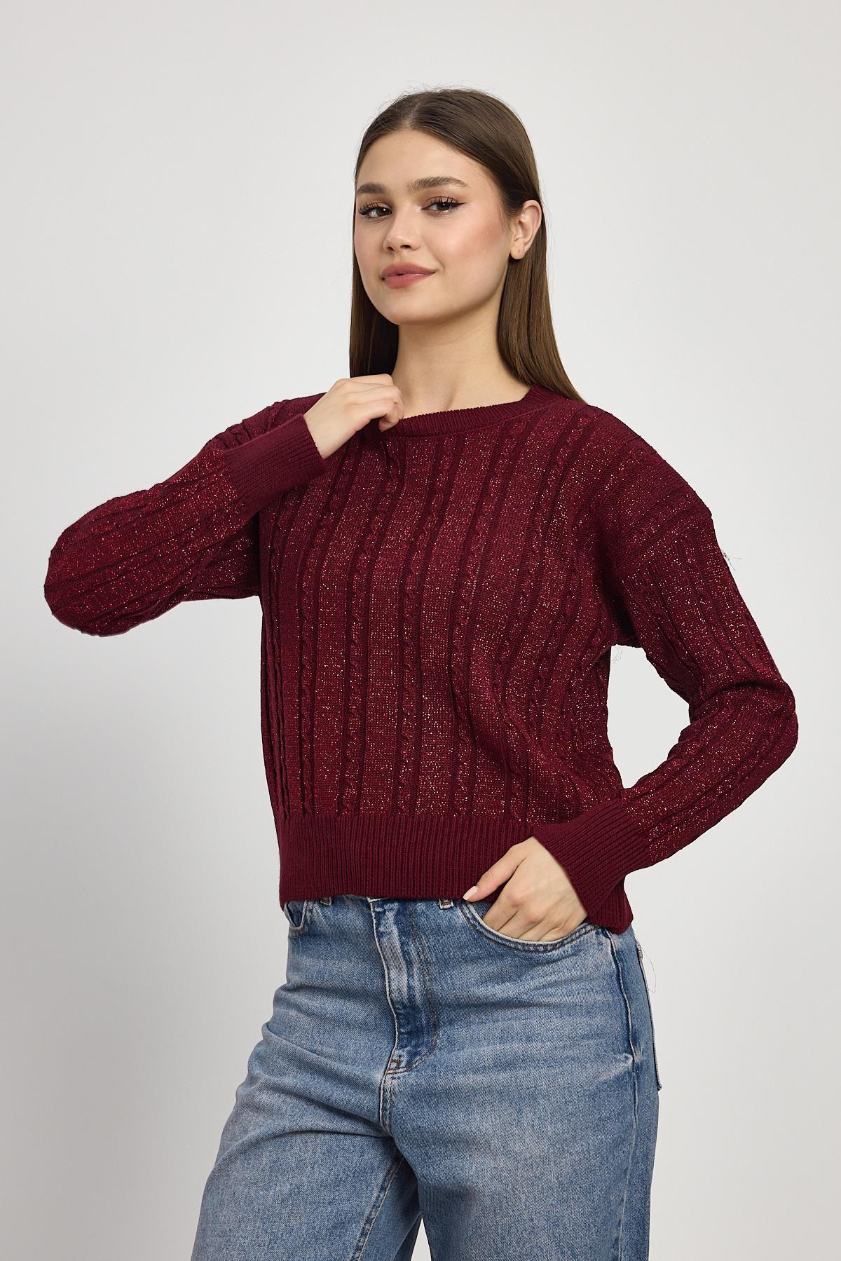 Örgü Detay Simli Triko Kazak 24366 Bordo - 6