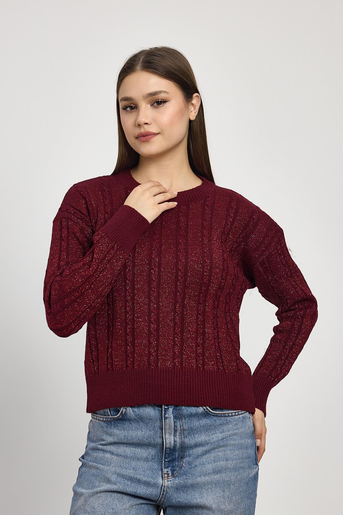 Örgü Detay Simli Triko Kazak 24366 Bordo - 7