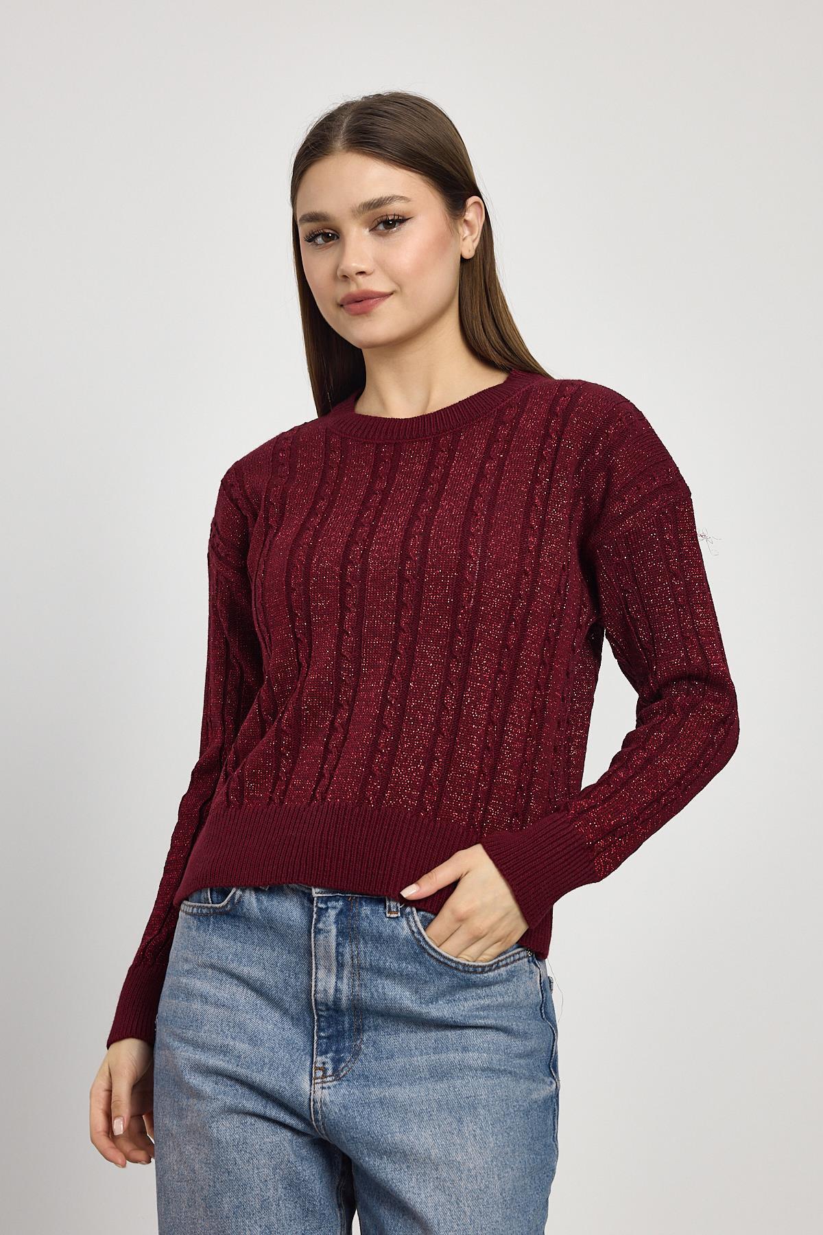 Örgü Detay Simli Triko Kazak 24366 Bordo - 8
