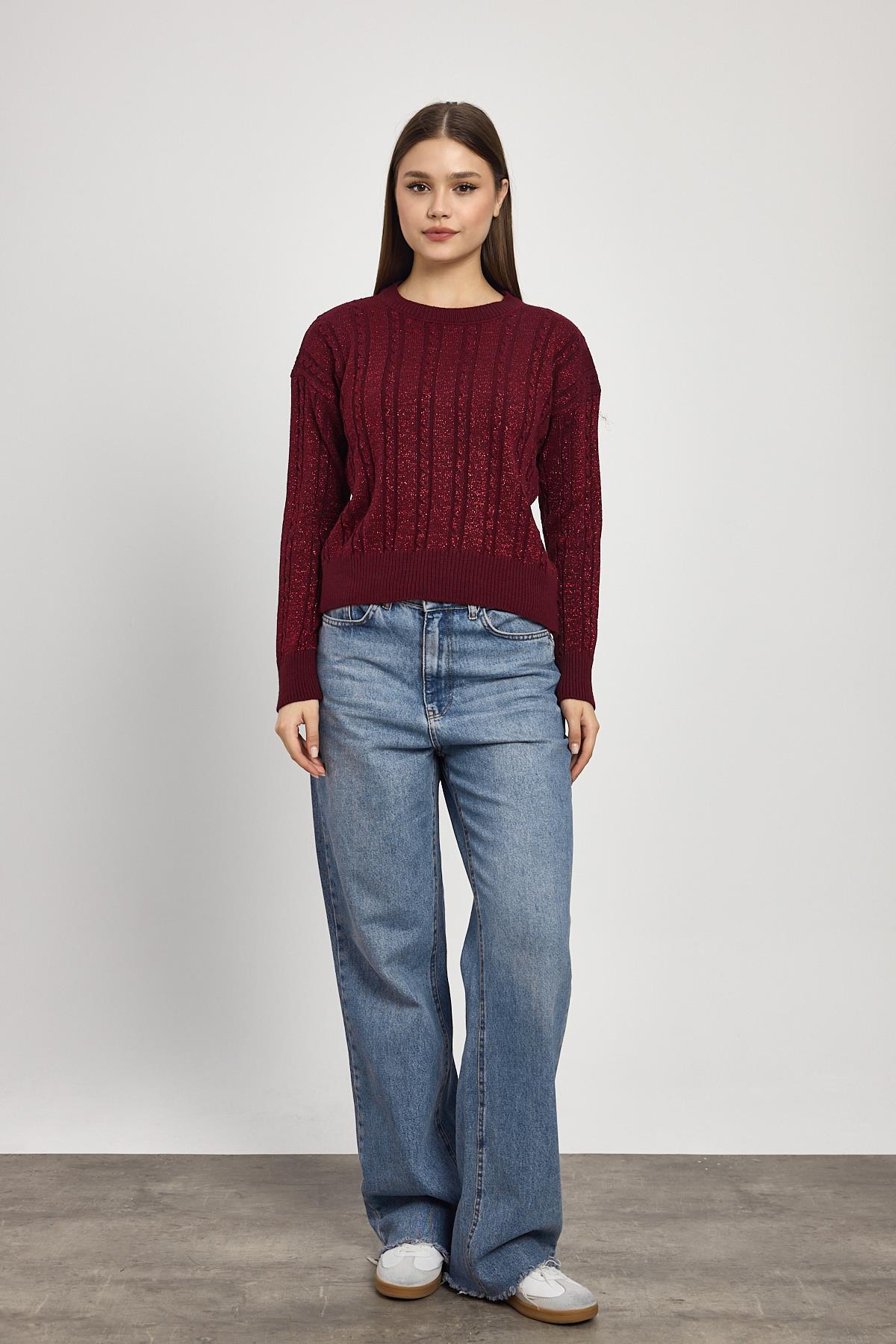 24366 Örgü Detay Simli Triko Kazak Bordo - 2