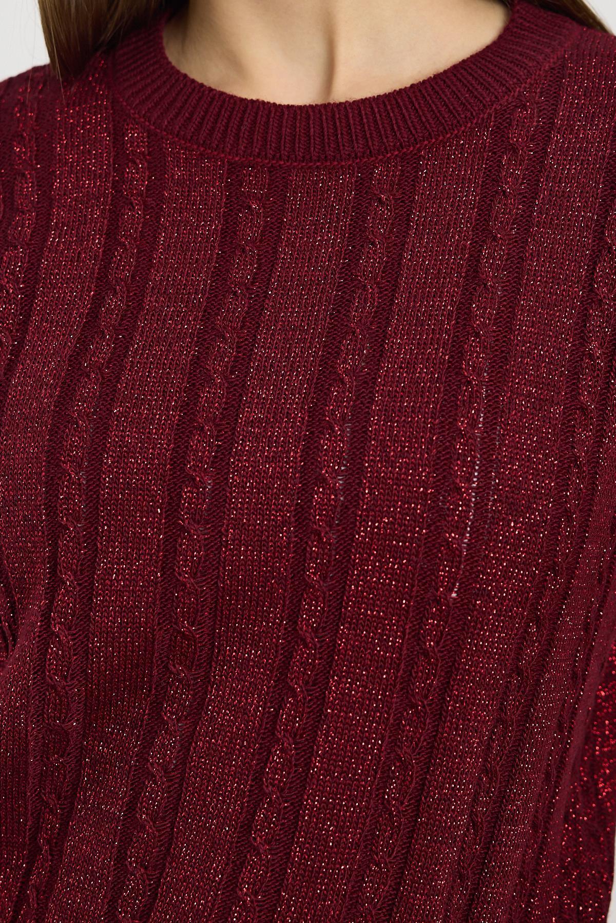 24366 Örgü Detay Simli Triko Kazak Bordo - RAYS