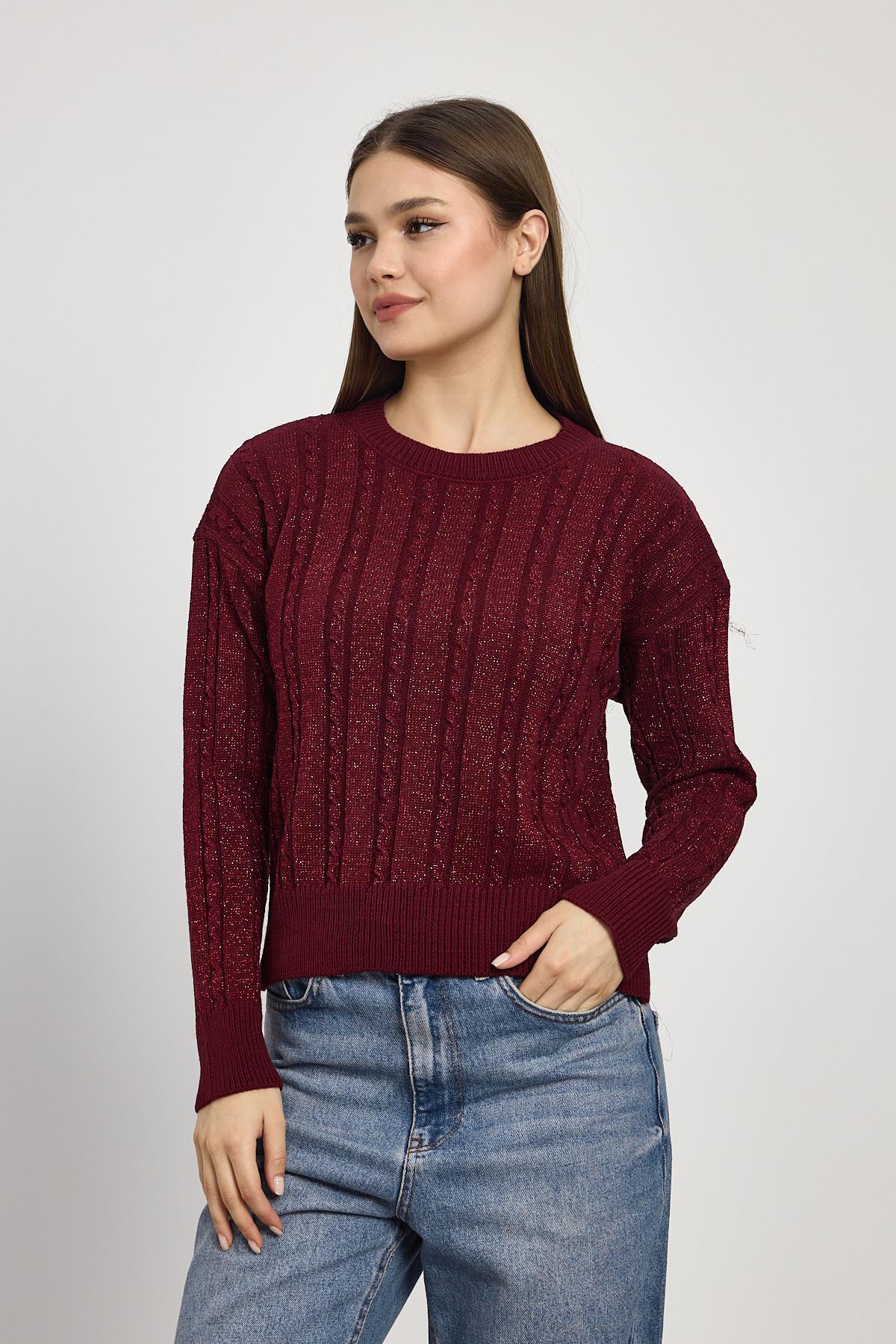 24366 Örgü Detay Simli Triko Kazak Bordo - 1