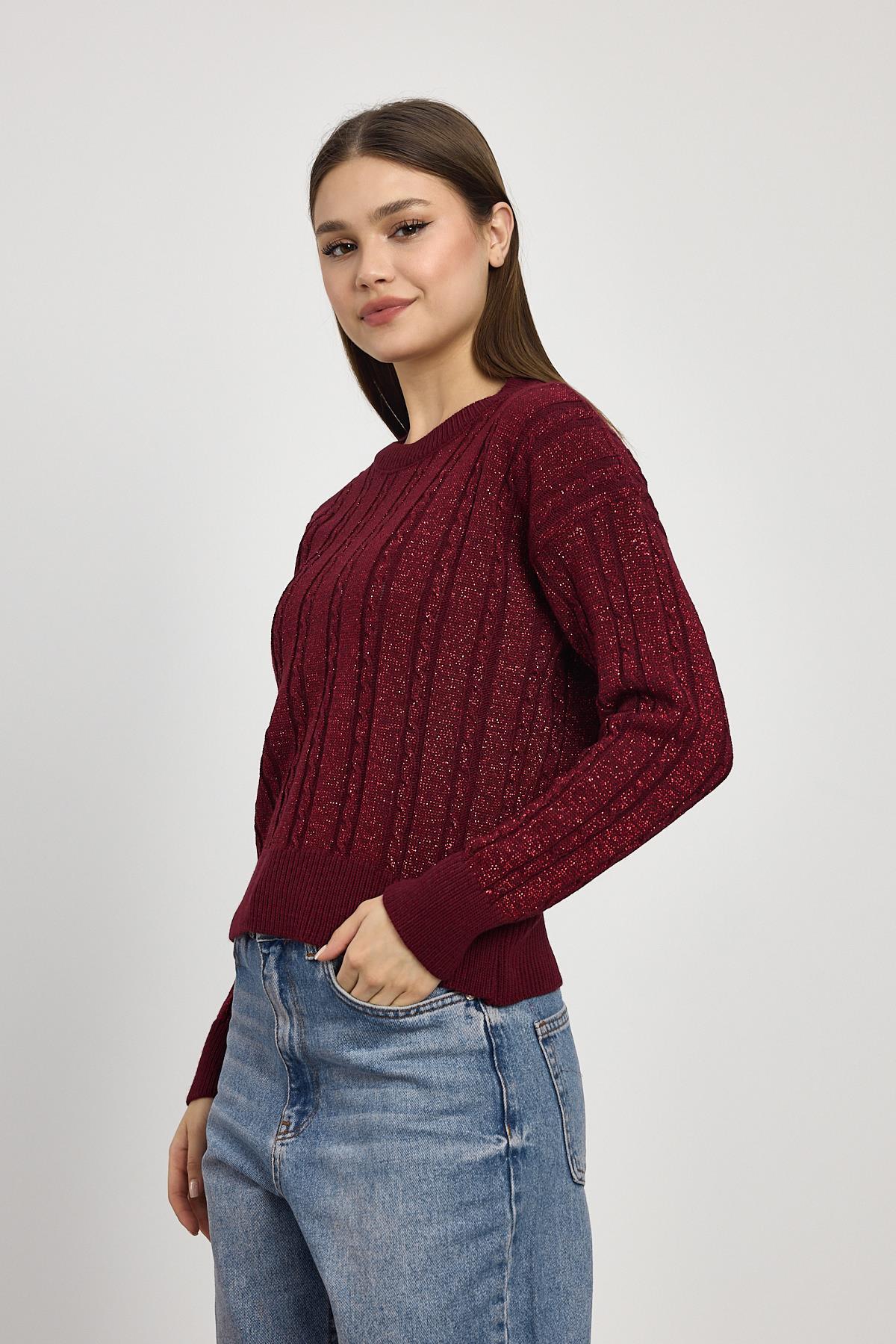 24366 Örgü Detay Simli Triko Kazak Bordo - 3