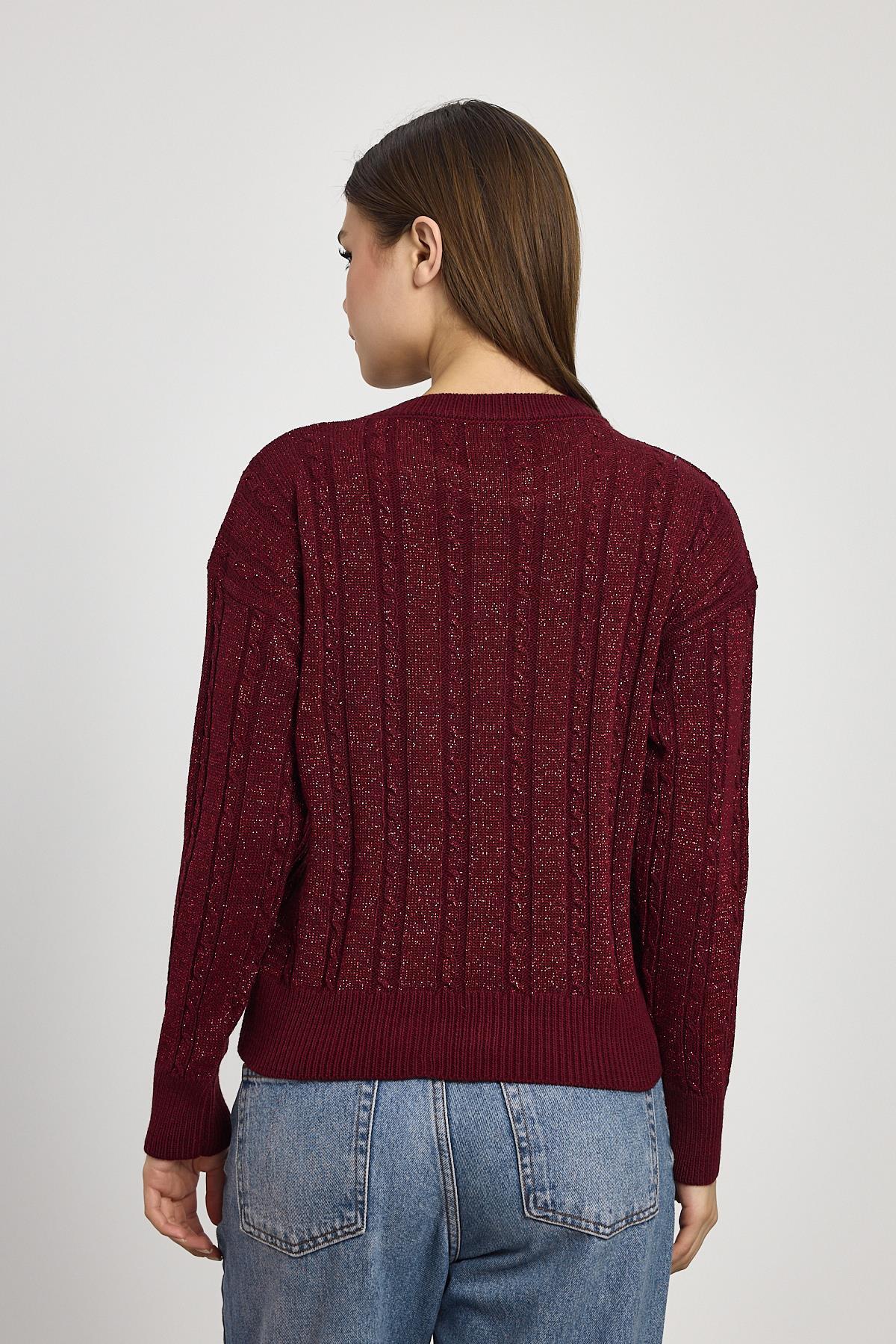 Bordo Örgü Detay Simli Triko Kazak 24366 - 5