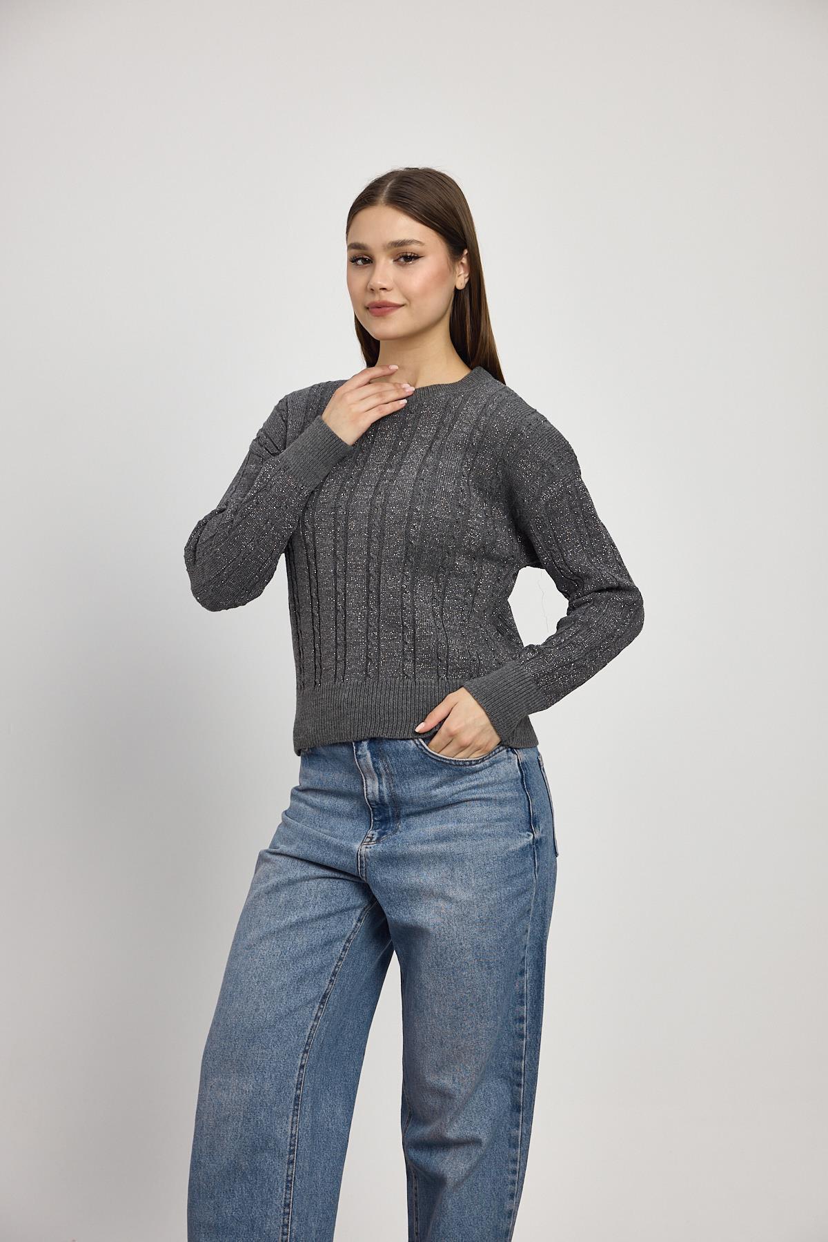 Örgü Detay Simli Triko Kazak 24366 Füme - 6