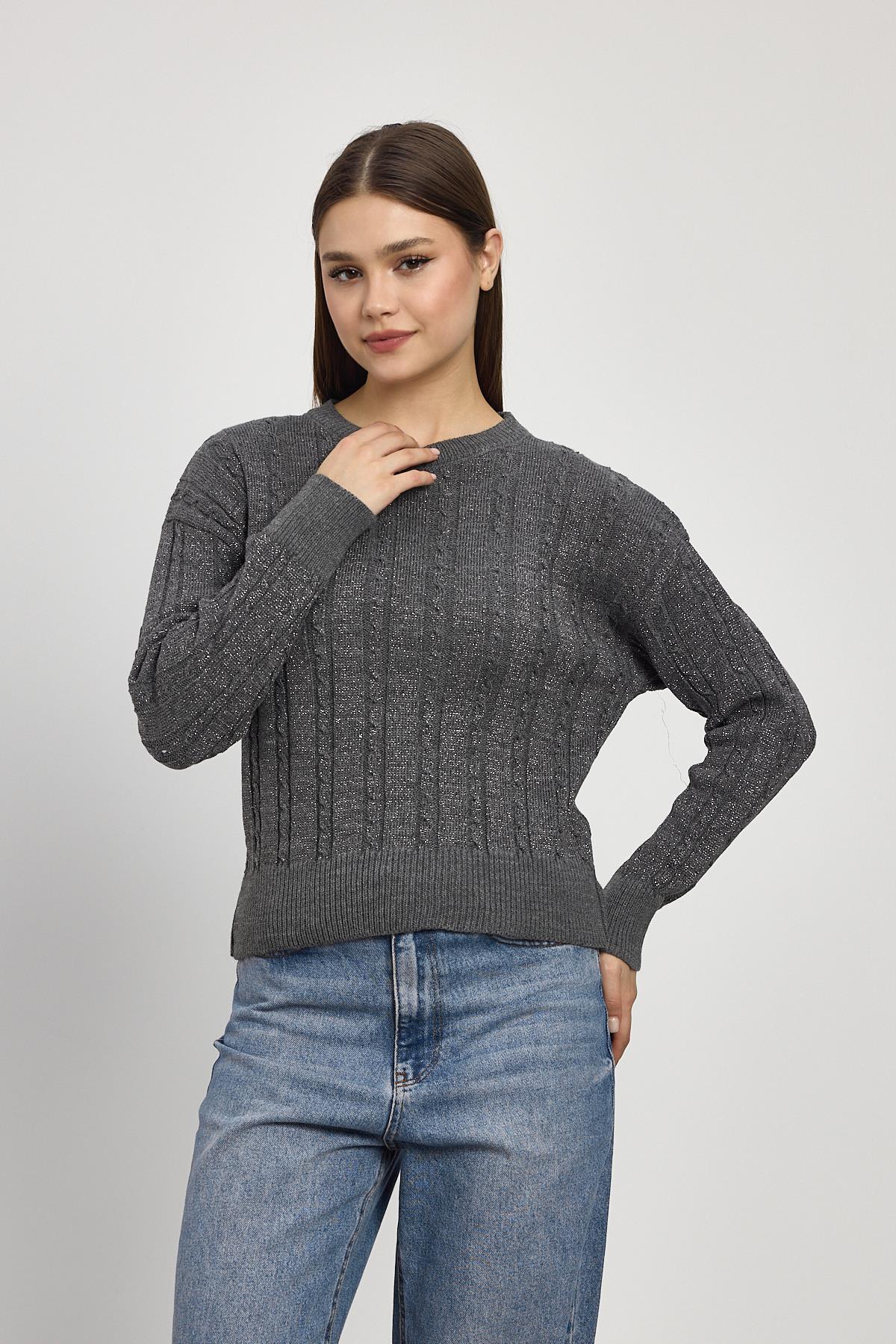 24366 Örgü Detay Simli Triko Kazak Füme - 8